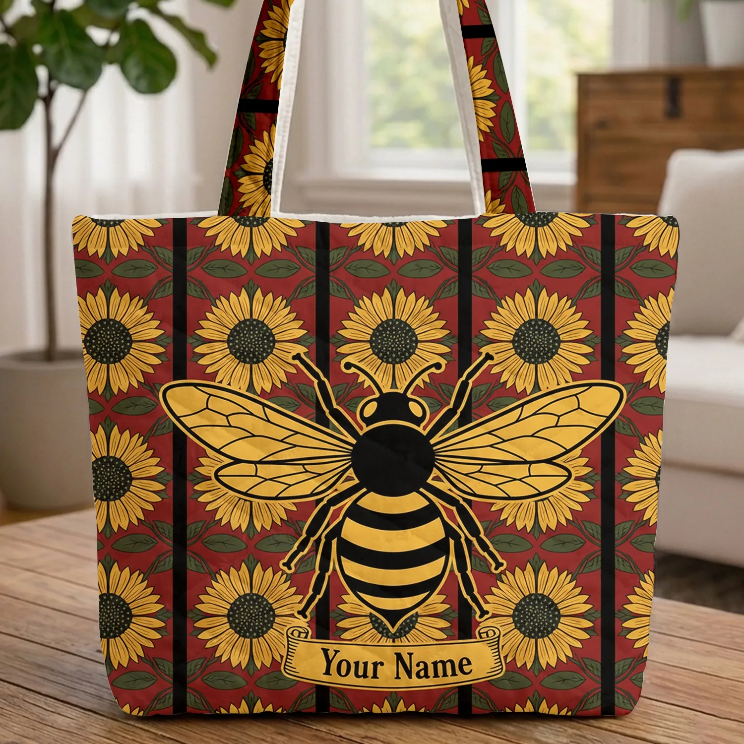 Black Bee Botanical Sunflowers Leaves Vertical Stripes Curved Scroll Everyday Carry Gift Quilted Tote Bag - 1