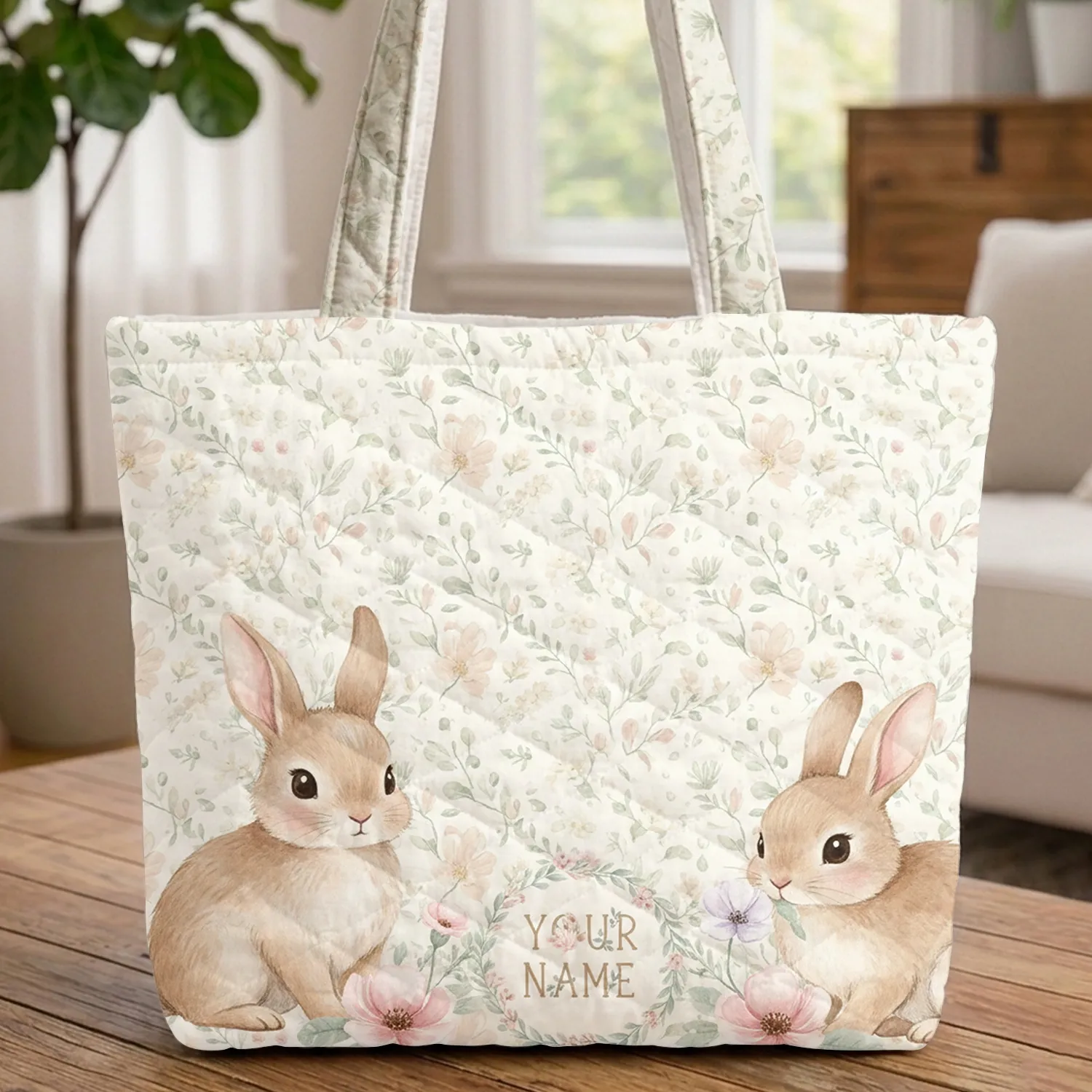 Bunnies Wildflowers Dew Drops Floral Wreath Everyday Carry Kids Gift Quilted Tote Bag - 1