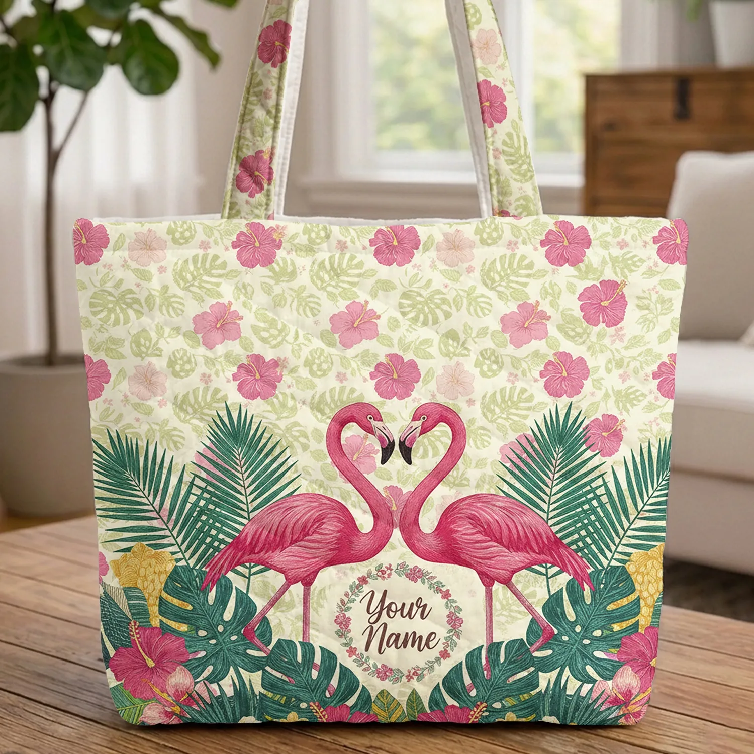 Pink Flamingos Heart Tropical Foliage Floral Wreath – Everyday Carry Gift Quilted Tote Bag - 1