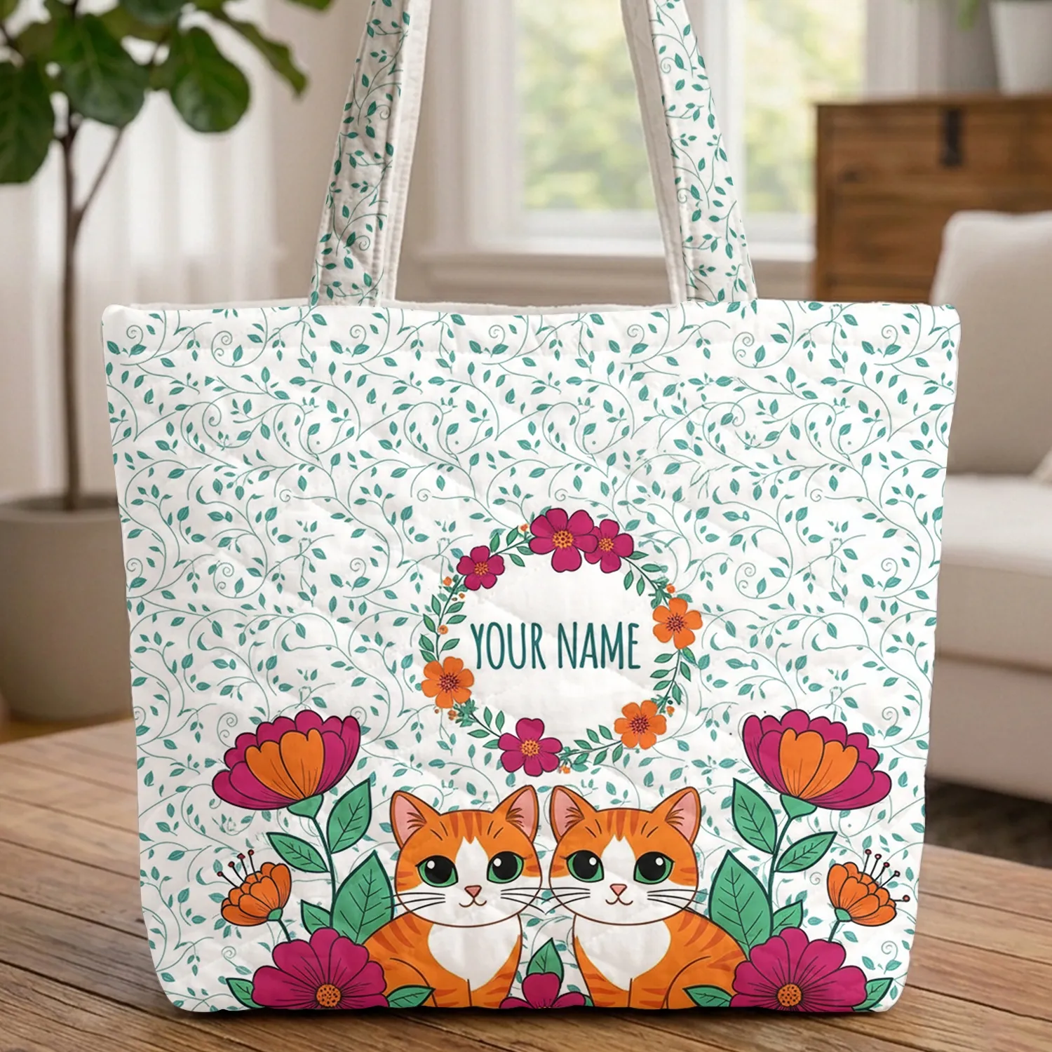 Orange White Cats Green Eyes Personalized Swirling Floral Vines Everyday Carry Gift for Cat Lover Quilted Tote Bag - 1
