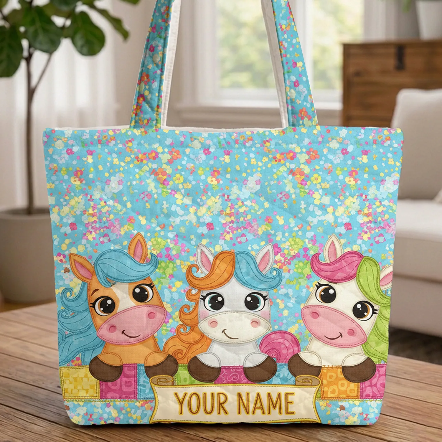 Three Cartoon Horses Patchwork Fence Confetti Name Scroll - Everyday Carry Gift Quilted Tote Bag - 1