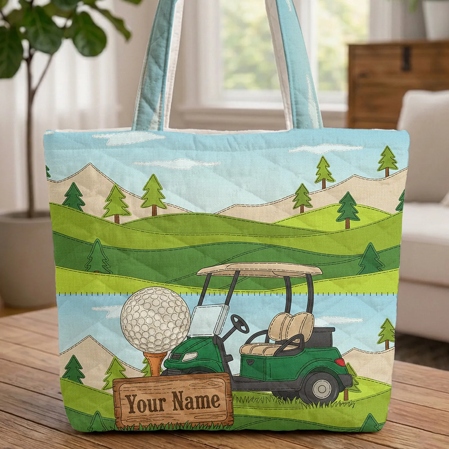 Golf Cart Golf Ball Wood Sign Hills - Golf Course Carry Essential for Dad Quilted Tote Bag - 1