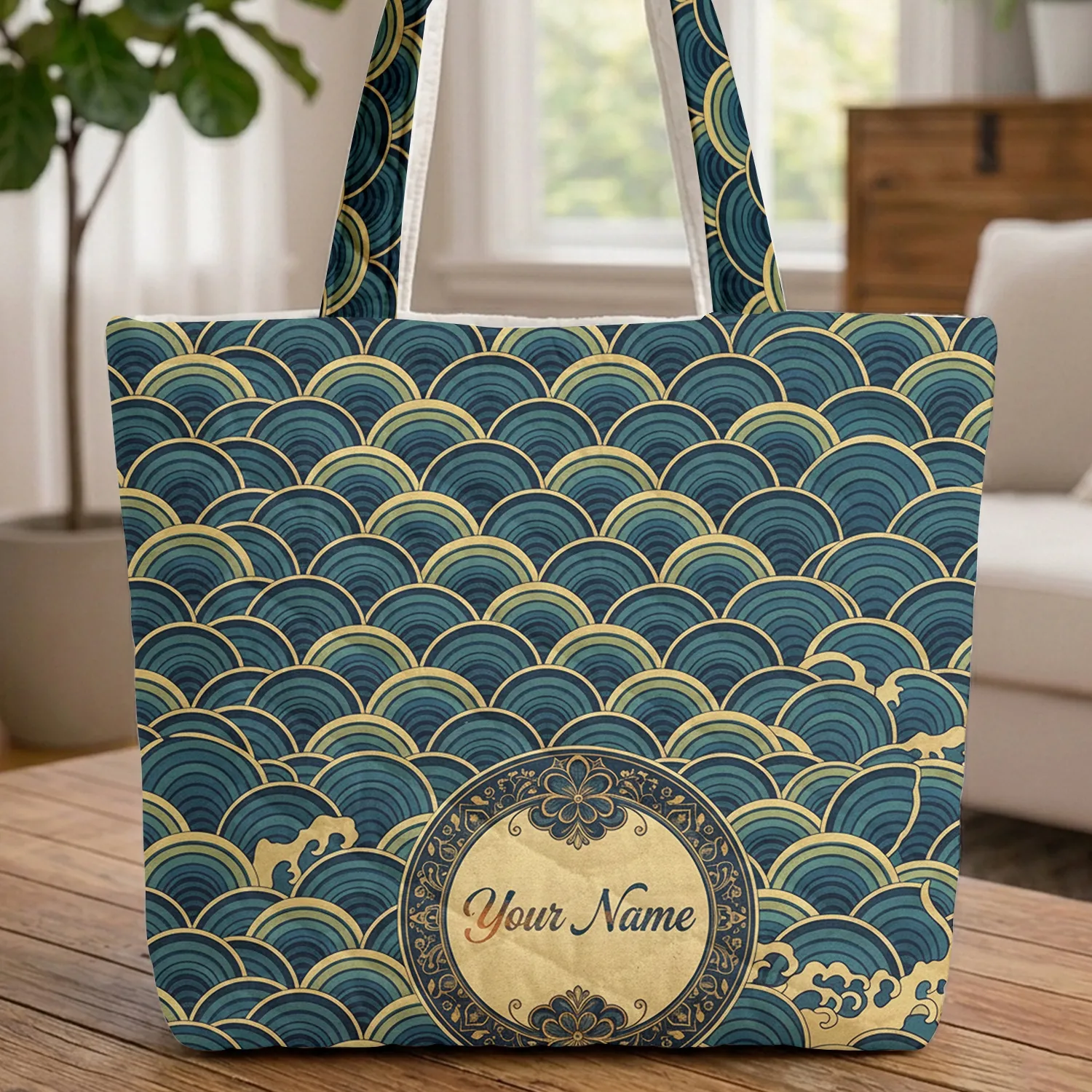 Ornate Circular Medallion with Calligraphy & Japanese Ocean Waves Everyday Carry Gift Quilted Tote Bag - 1