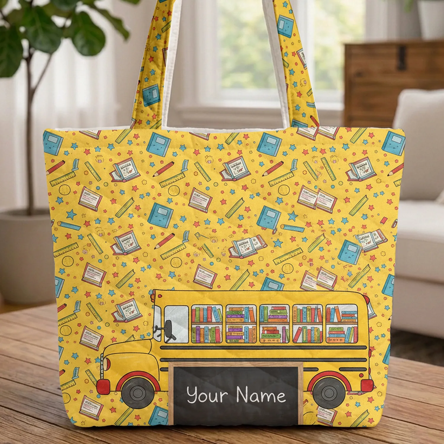 School Bus Bookshelf Chalkboard Name - Back to School Gift for Students Quilted Tote Bag - 1