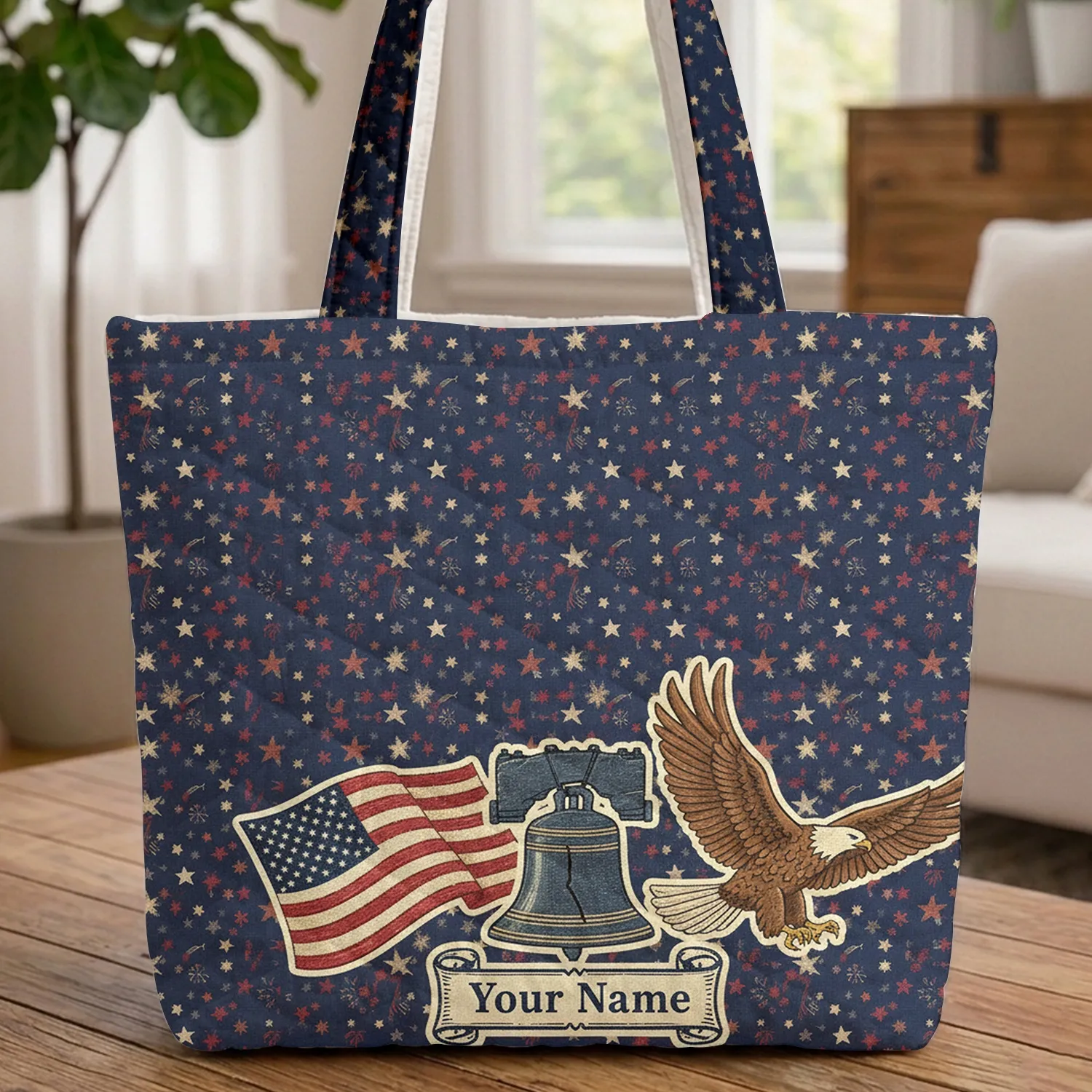 Bald Eagle American Flag Liberty Bell Independence Day Everyday Carry Gift for History Lover Quilted Tote Bag - 1