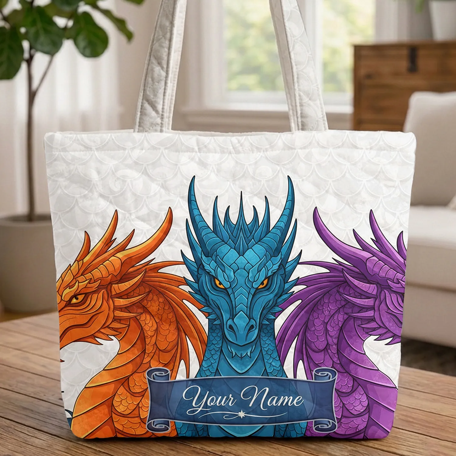 Three Dragon Heads Name Scroll - Everyday Carry Travel Essentials Gift for Dragon Lovers Quilted Tote Bag - 1
