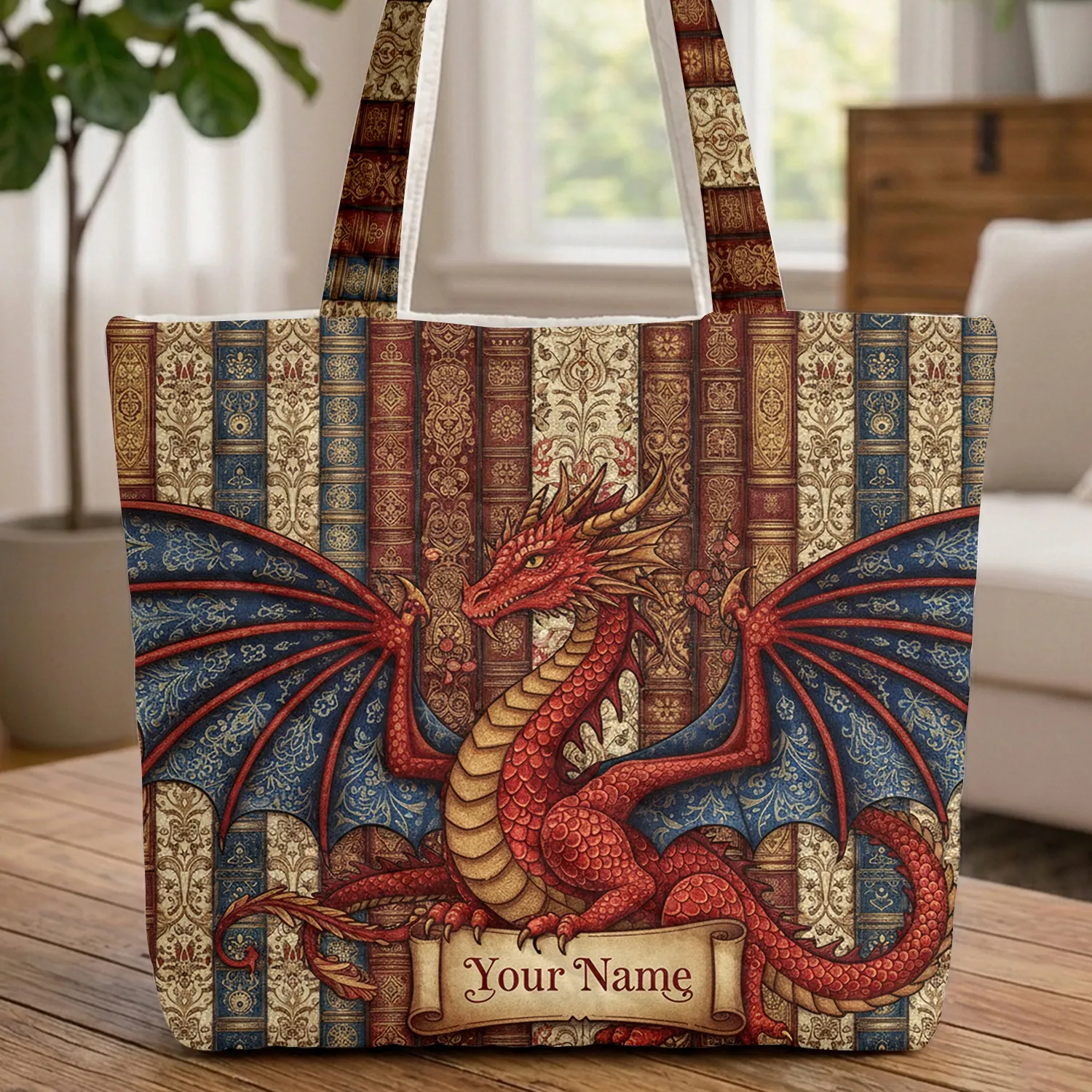 Majestic Red Dragon Ornate Book Spines Floral Damask - Everyday Carry Gift for Dragon Lover Quilted Tote Bag - 1