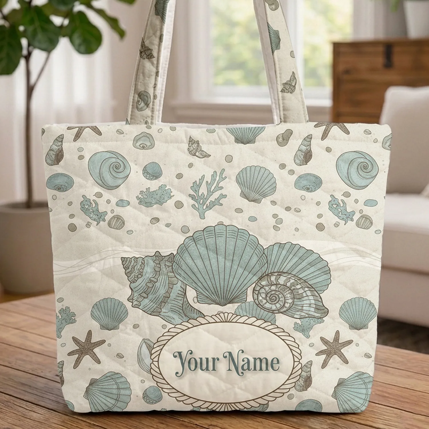 Seashell Starfish Beach Scene Conch Shell - Beach Vacation Gift Quilted Tote Bag - 1