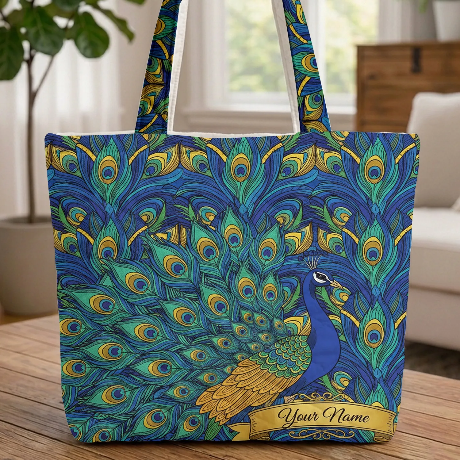 Ornate Peacock Fanned Tail Feathers Personalized Scroll - Wildlife Lover Gift Quilted Tote Bag - 1