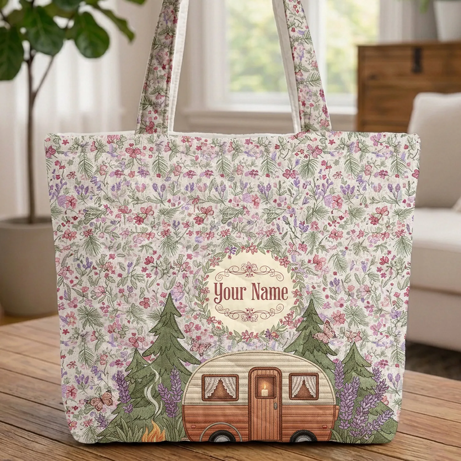 Ornate Vintage Camper Van Lavender Pine Wildflower Campfire Travel Essentials Gift Quilted Tote Bag - 1
