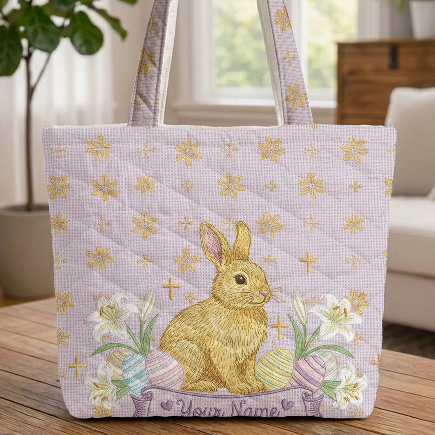 Fluffy Rabbit Easter Eggs Lilies Flowers - Easter Holiday Gift Quilted Tote Bag - 1