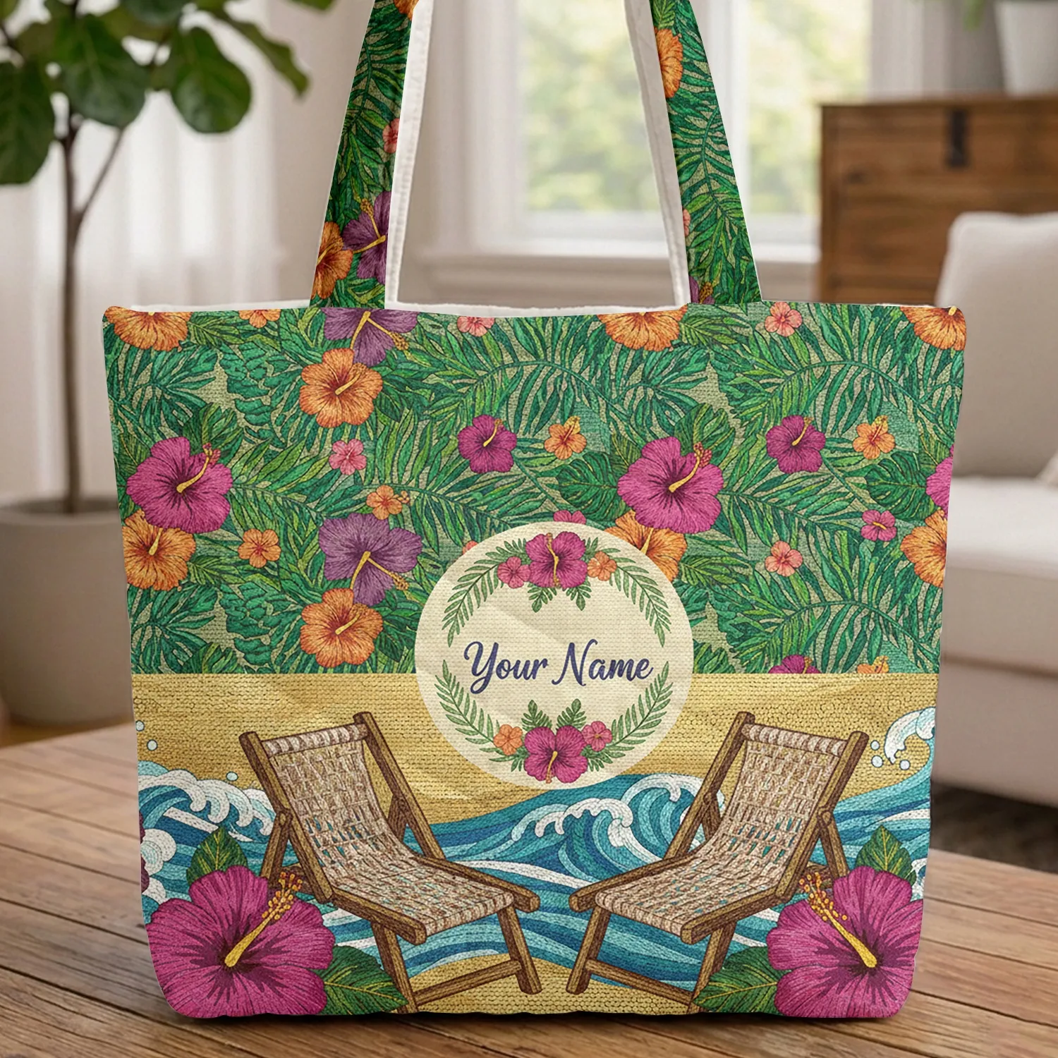 Tropical Palm Hibiscus Beach Lounge Chairs Ocean Scene - Travel Essentials Quilted Tote Bag - 1
