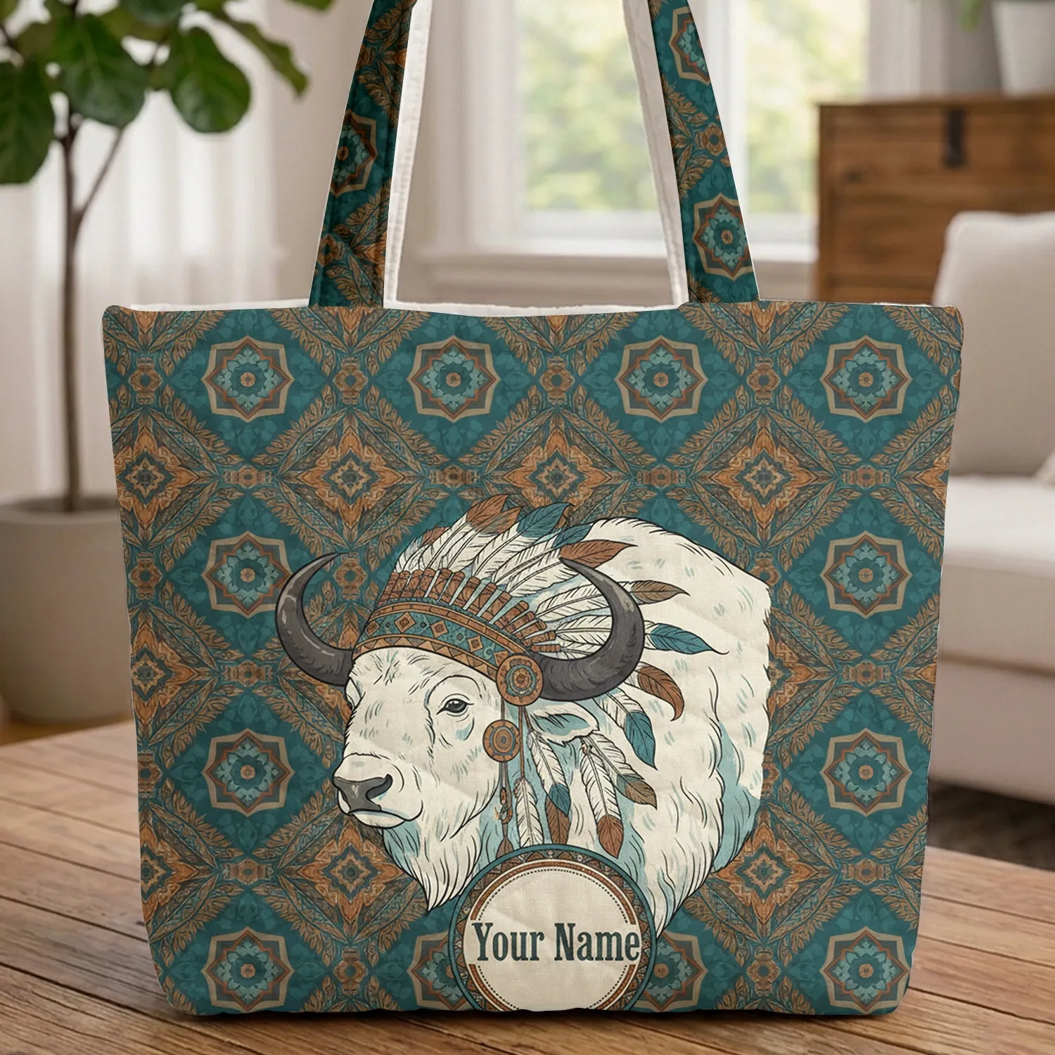 Native American Buffalo Head Headdress - Wildlife Lover Everyday Carry Gift Quilted Tote Bag - 1