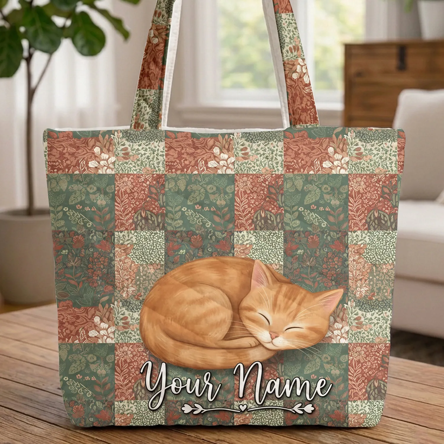 Sleeping Ginger Cat Floral Leaf Name - Everyday Carry Gift Quilted Tote Bag - 1