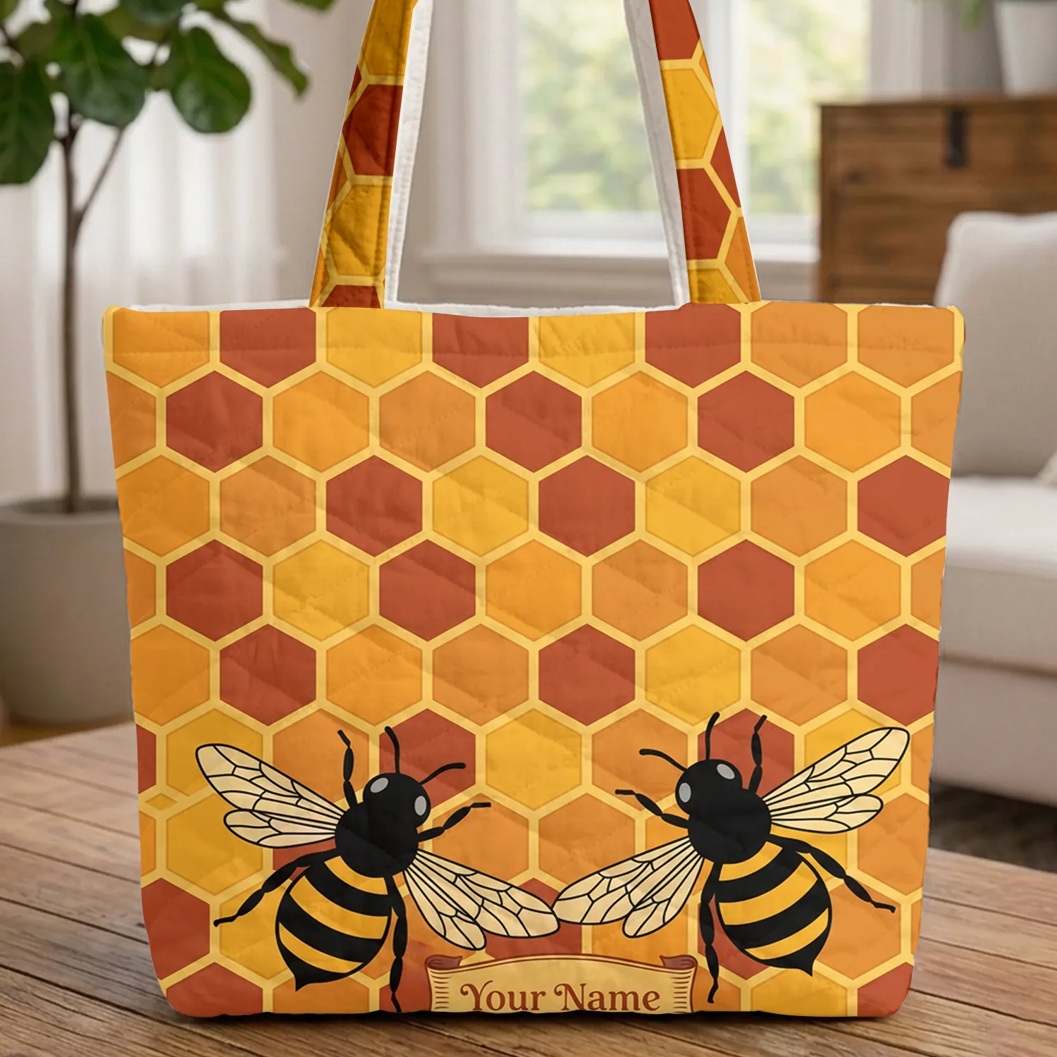 Honey Bees Honeycomb Personalized Name Scroll - Everyday Carry Gift Quilted Tote Bag - 1