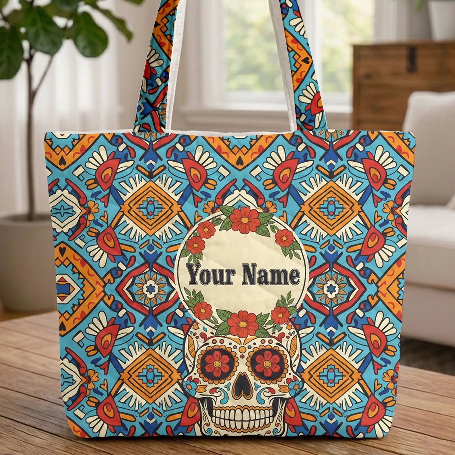 Folk Art Sugar Skull Marigold Wreath - Everyday Carry Gift Quilted Tote Bag - 1