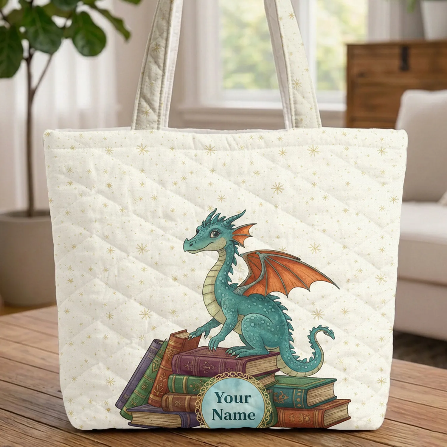 Blue-Green Dragon Antique Books Name - Everyday Carry Gift for Fantasy Reader Quilted Tote Bag - 1