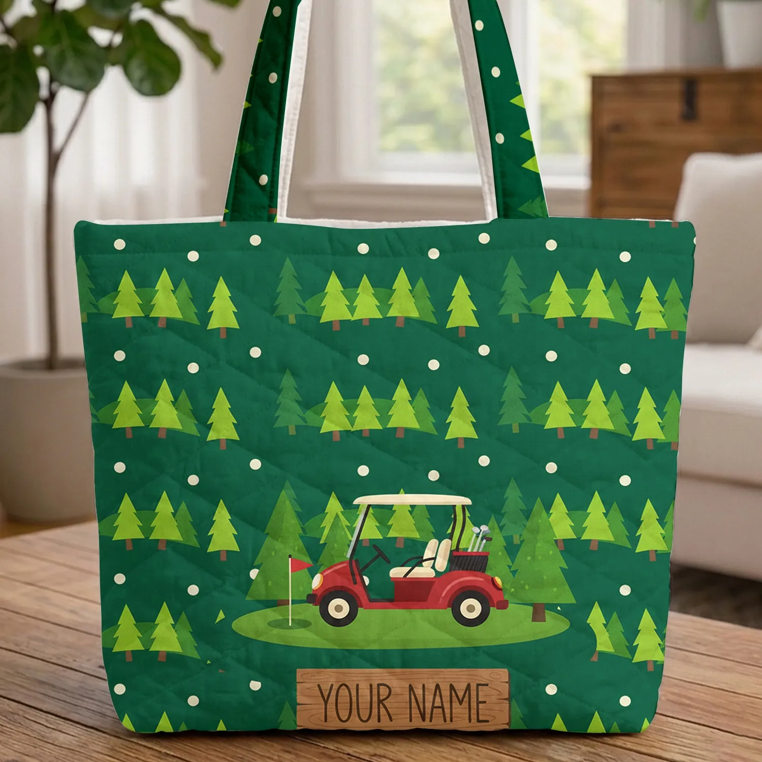 Personalized Vintage Golf Cart Putting Green - Everyday Carry Gift for Golfers Quilted Tote Bag - 1