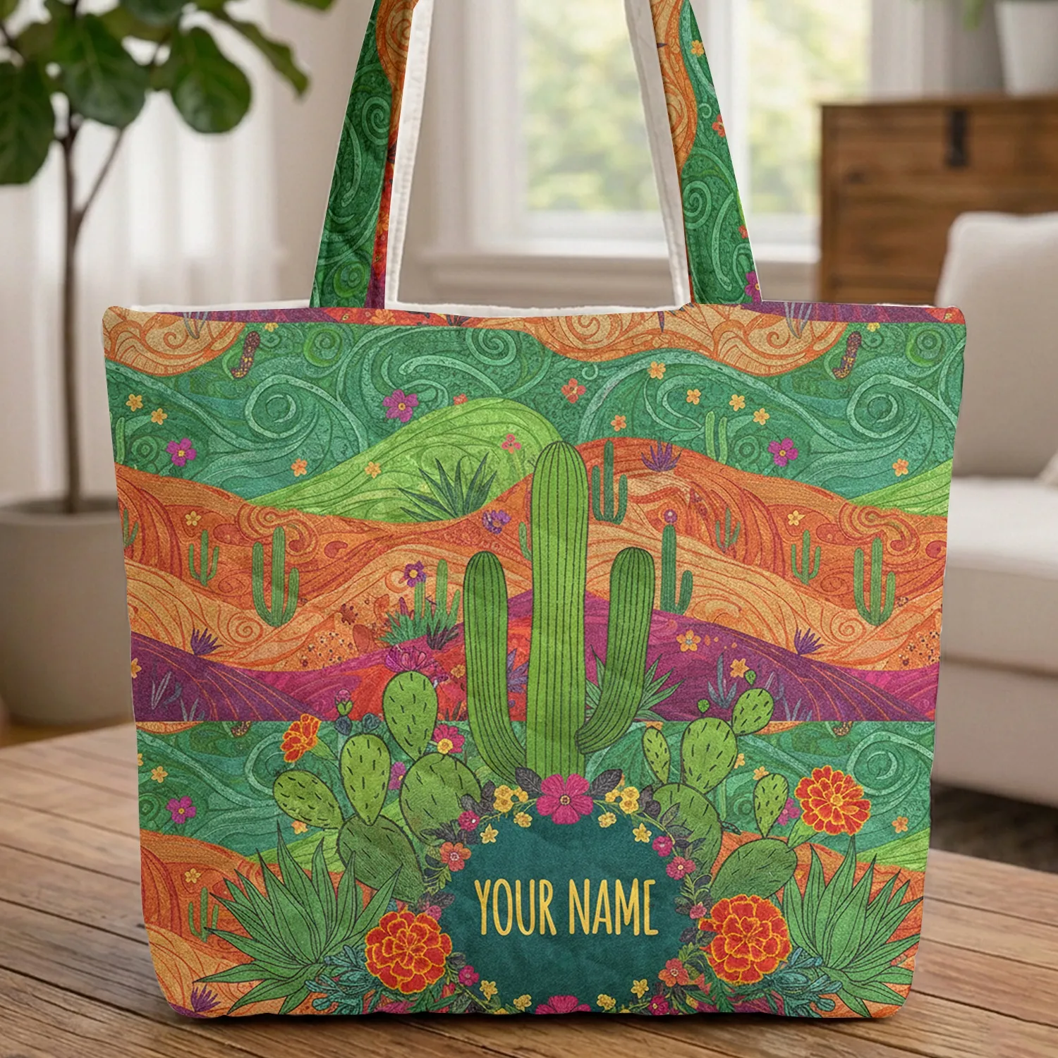 Cacti Agave Marigold Floral Wreath Personalized Desert - Everyday Carry Gift Quilted Tote Bag - 1