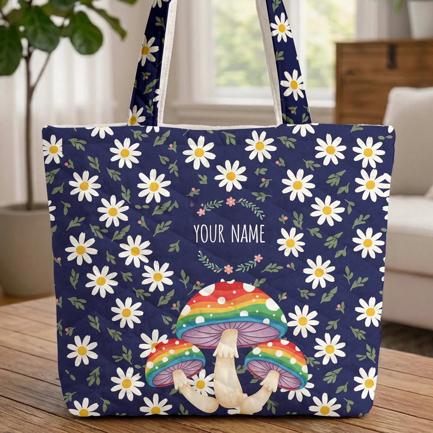 Rainbow Mushrooms White Daisy Floral Wreath - Everyday Carry Gift Quilted Tote Bag - 1