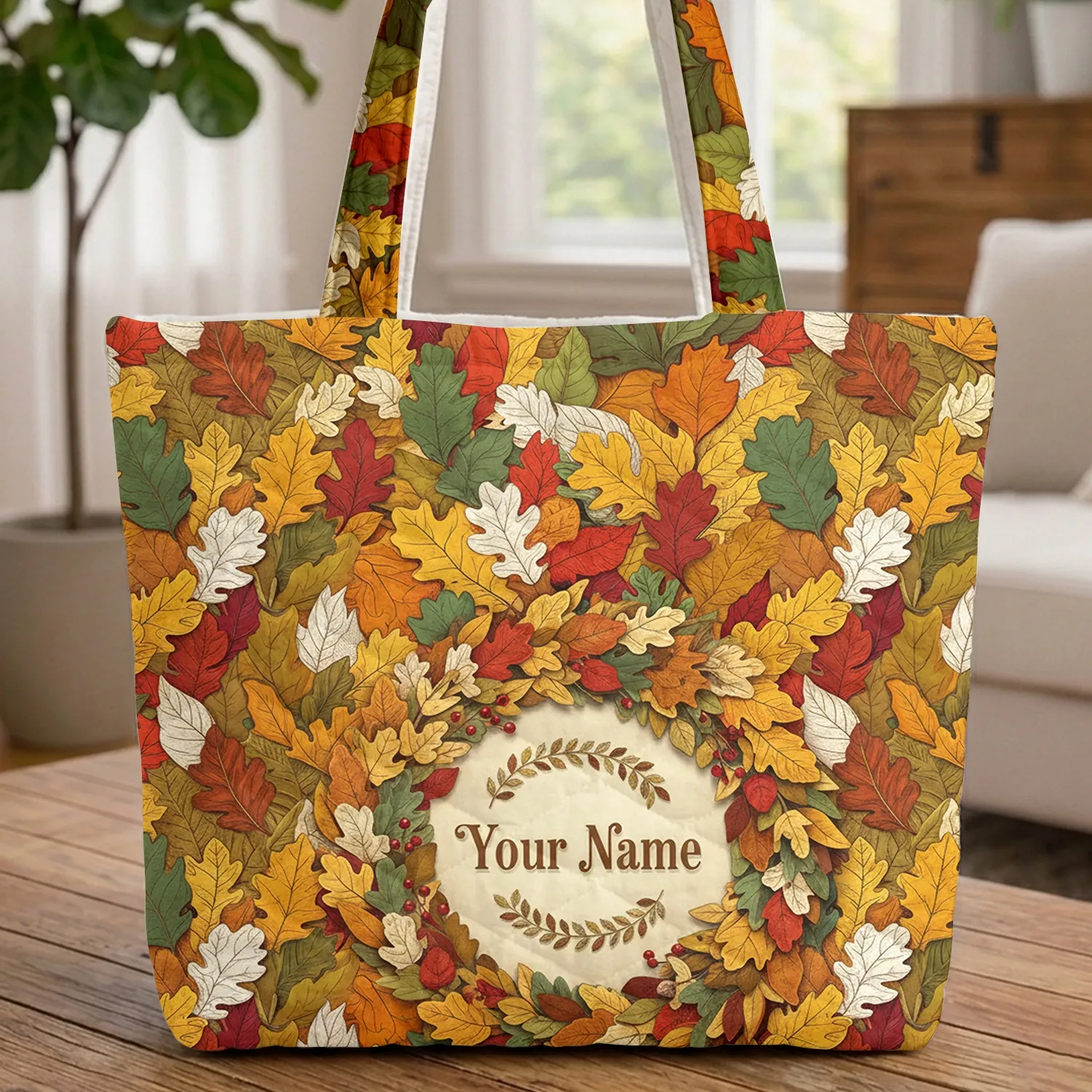Maple Oak Birch Leaves Scattered Wreath Personalized - Everyday Carry Gift Quilted Tote Bag - 1