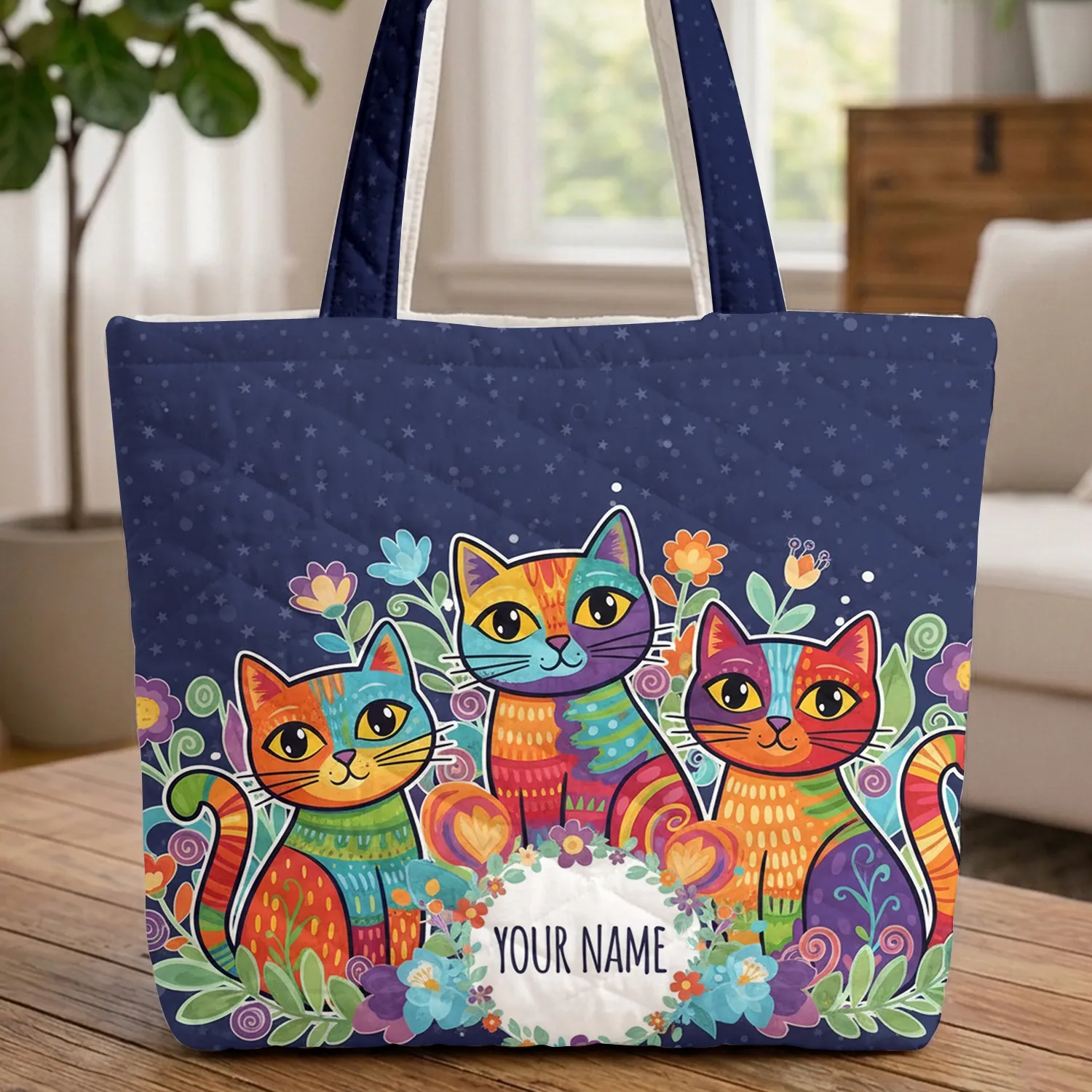 Colorful Patchwork Cats Floral Wreath - Everyday Lifestyle Carry Gift for Cat Lover Quilted Tote Bag - 1