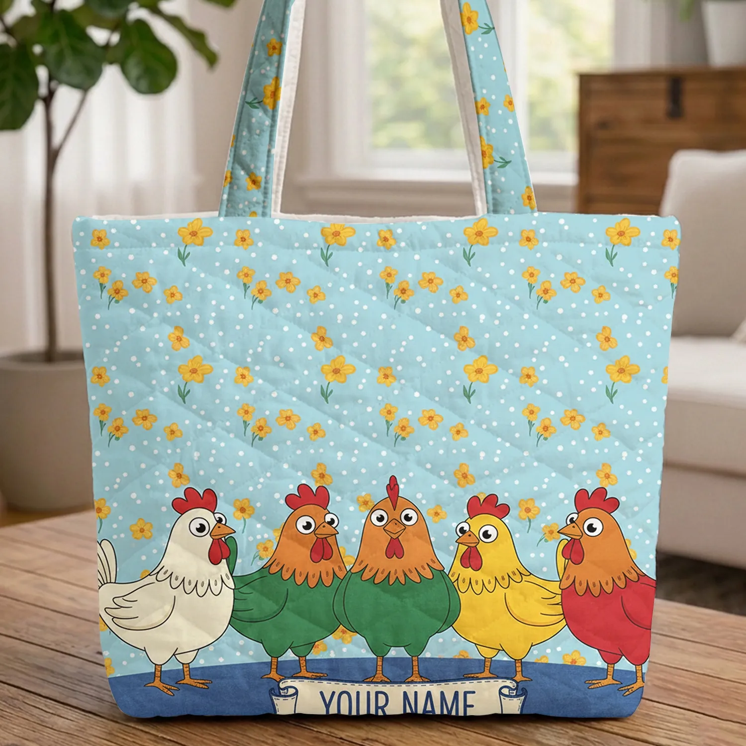 Personalized Five Cartoon Chickens Yellow Flowers - Market Day Gift for Chicken Lover Quilted Tote Bag - 1