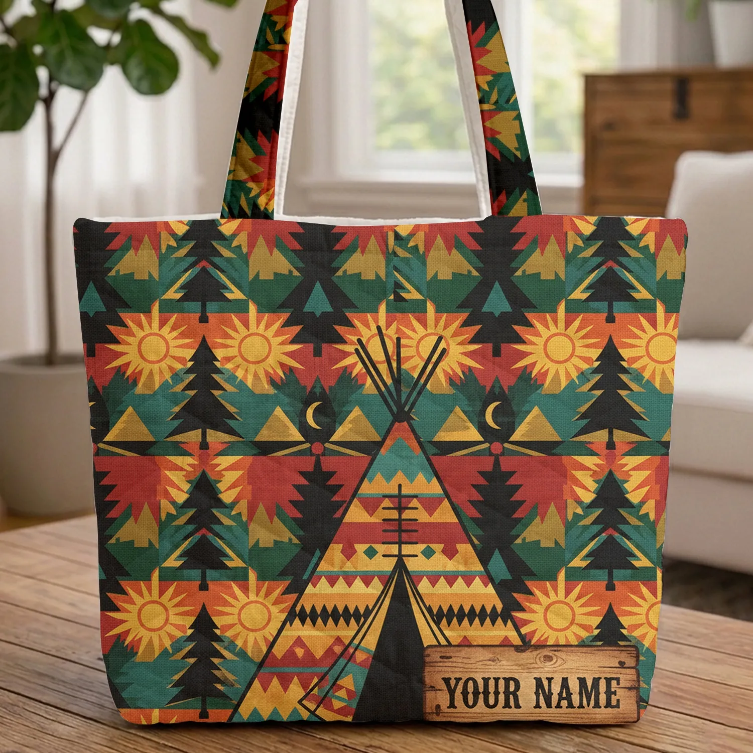 Teepee Mountain Sun Moon Western Sign Everyday Carry Gift Quilted Tote Bag - 1