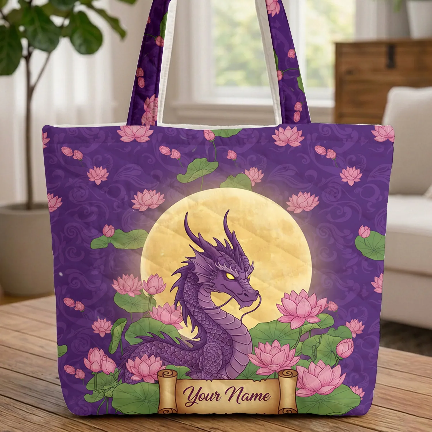 Purple Dragon Glowing Yellow Eyes Lotus Flowers Lily Pads Moon Scroll - Everyday Carry Gift Quilted Tote Bag - 1