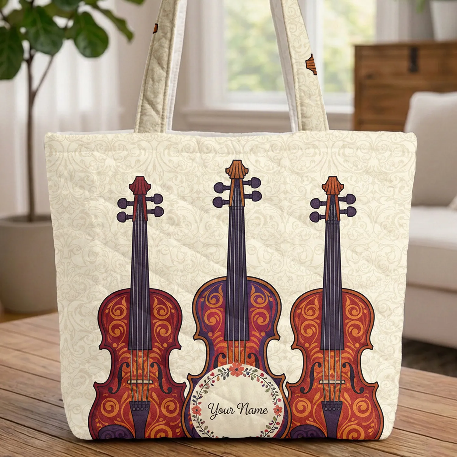 Vibrant Ornate Violins Floral Wreath Everyday Carry - Music Lover Gift Quilted Tote Bag - 1