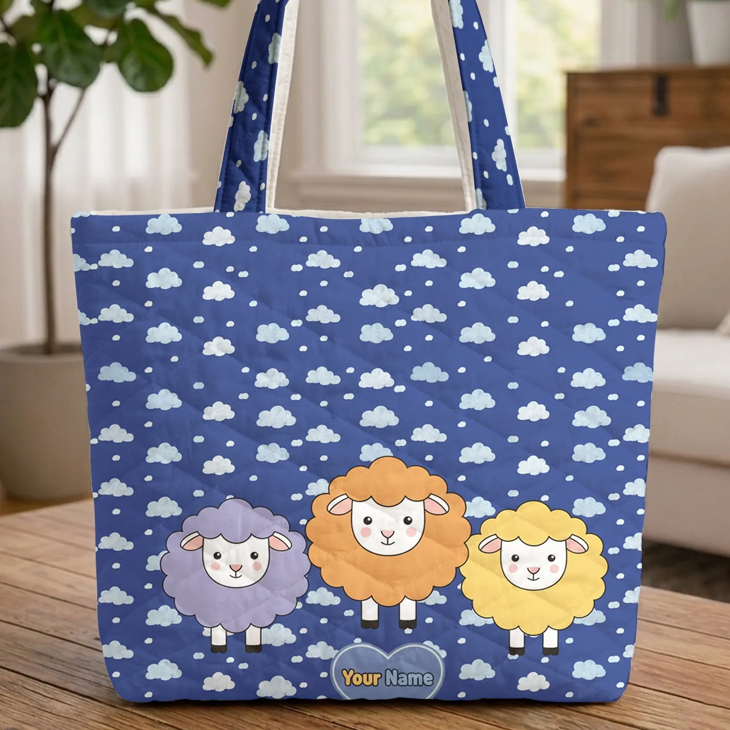 Cartoon Sheep Fluffy Clouds Heart Name - Everyday Carry Gift for Kids Quilted Tote Bag - 1