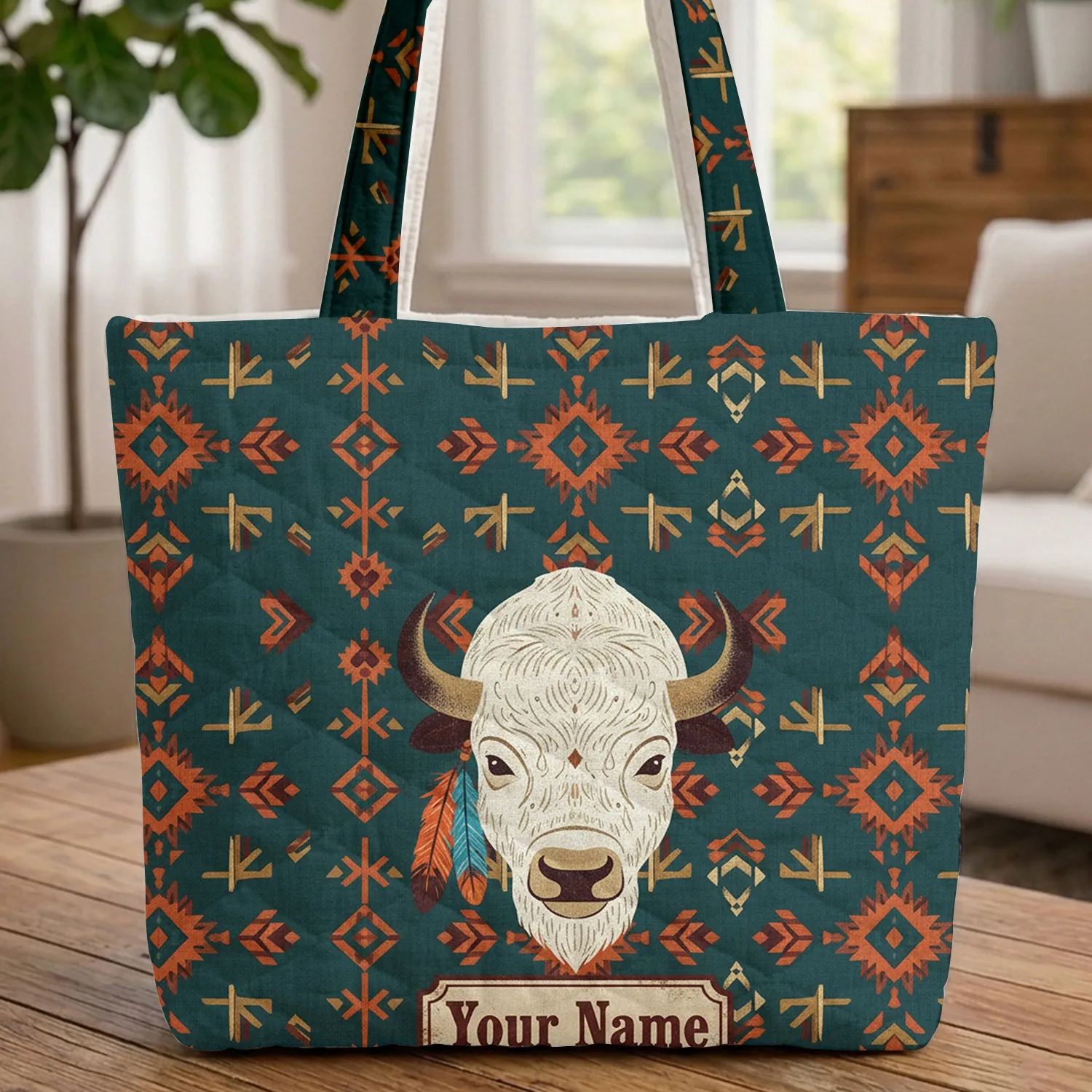 Native American Bison Head Feather Personal Name Plaque - Everyday Carry Gift for Traveler Quilted Tote Bag - 1