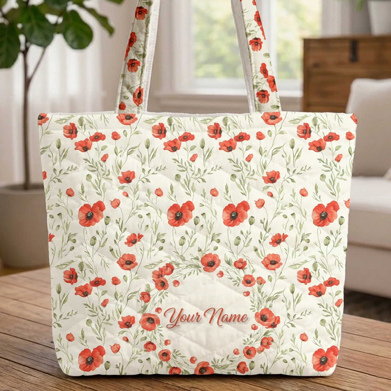Poppies Garden Flowers Floral Wreath Calligraphy Name - Everyday Carry Gift Quilted Tote Bag - 1