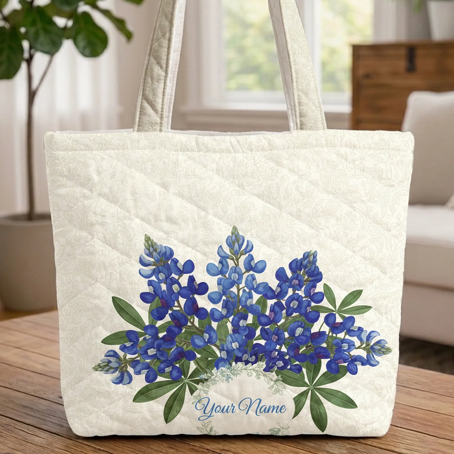 Bluebonnet Botanical Filigree Flowers - Everyday Carry Gift Quilted Tote Bag - 1