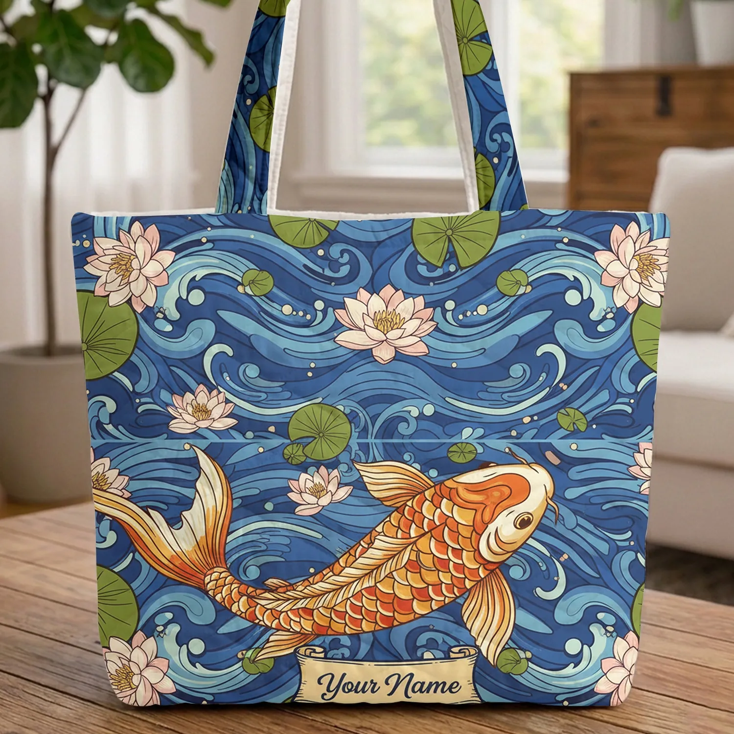 Ornate Koi Fish Water Lily Everyday Carry Gift Quilted Tote Bag - 1