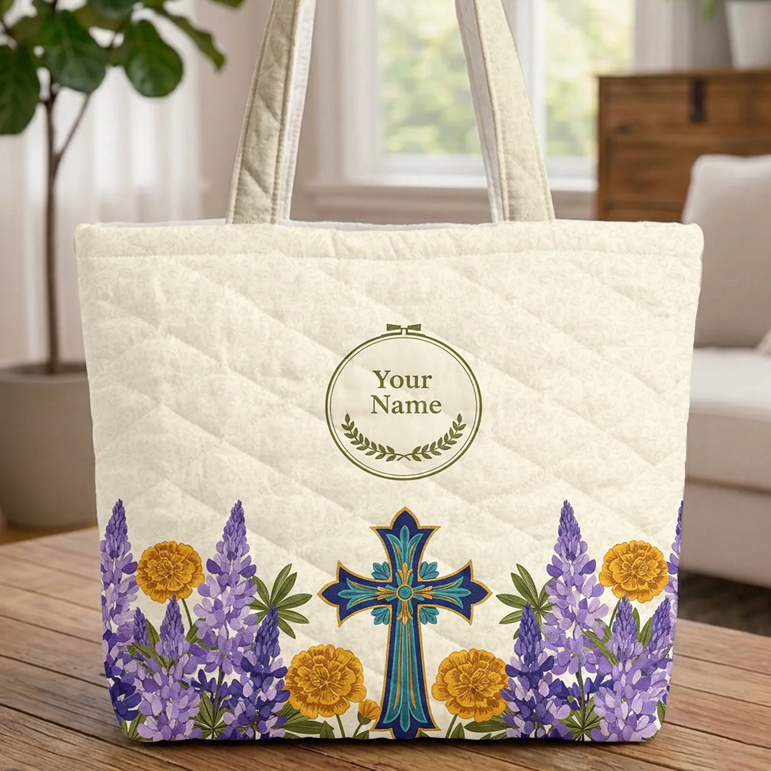Ornate Christian Cross Lupine Marigold Flowers - Faith Lifestyle Gift for Women Quilted Tote Bag - 1