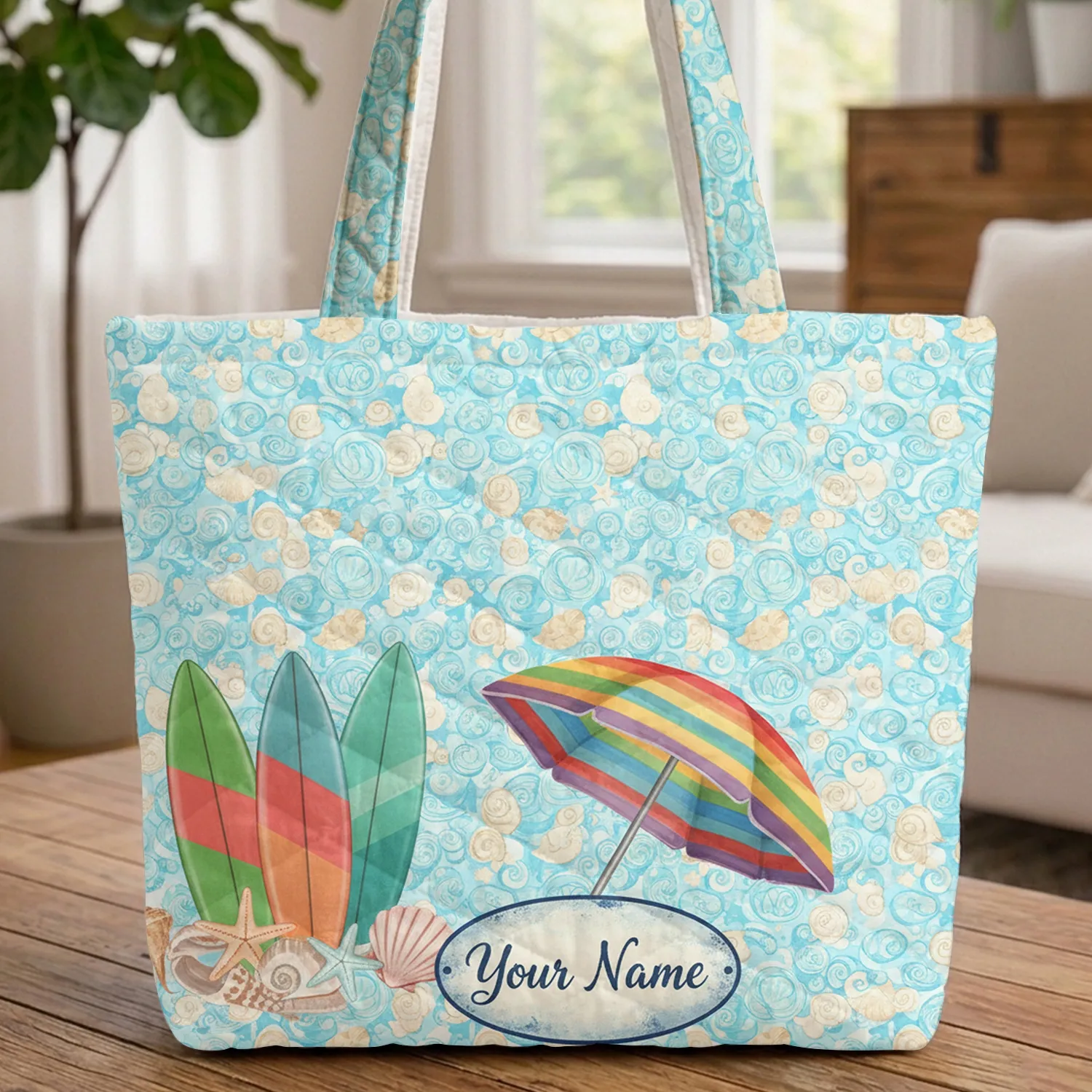 Personalized Rainbow Beach Umbrella Surfboards Seashells Vacation Gift Quilted Tote Bag - 1