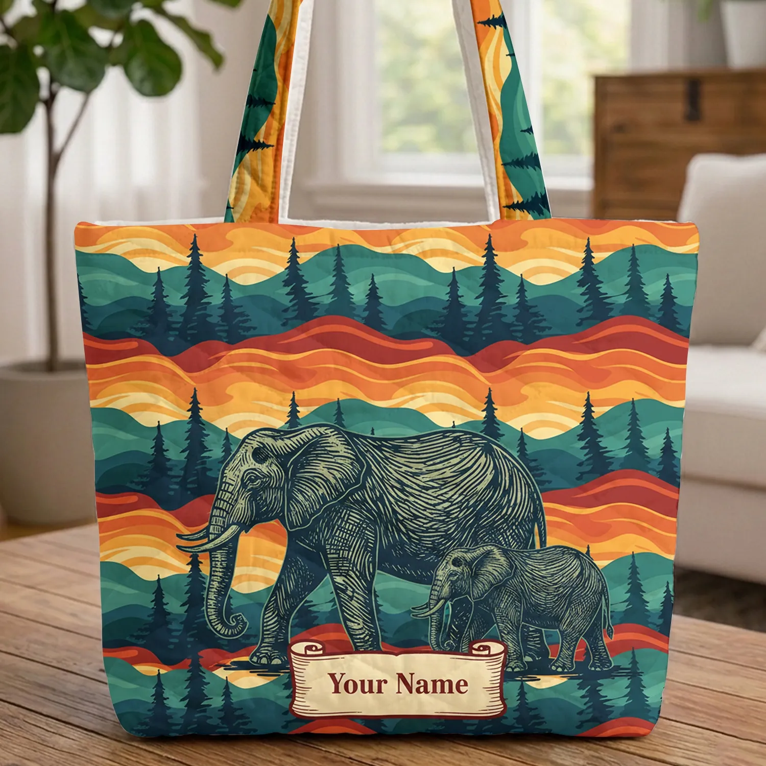 Personalized Elephant Calf Sunset Landscape Scene - Wildlife Lover Travel Essentials Gift Quilted Tote Bag - 1