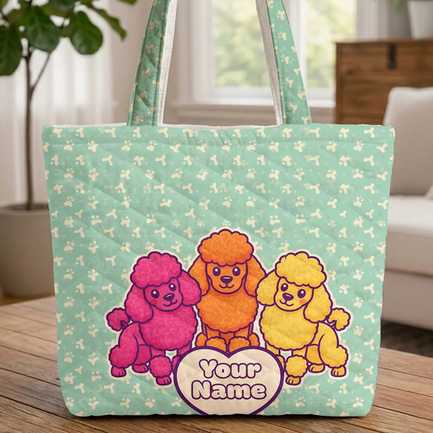 Poodles Bones Paw Prints Heart Name - Everyday Carry Gift for Poodle Lover Quilted Tote Bag - 1