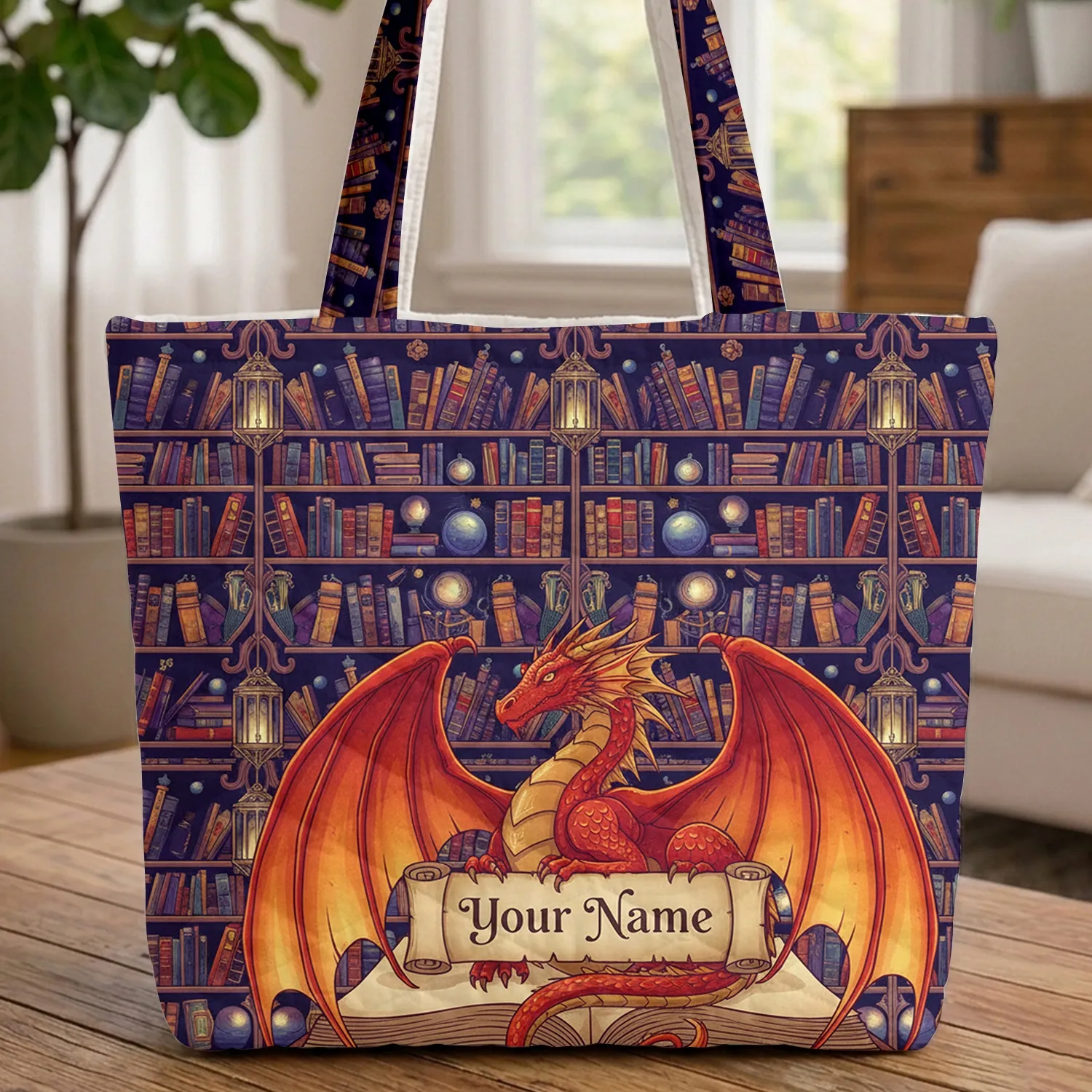 Majestic Red Dragon Open Book Magical Bookshelves Fantasy Scene - Book Lover Everyday Carry Gift Quilted Tote Bag - 1