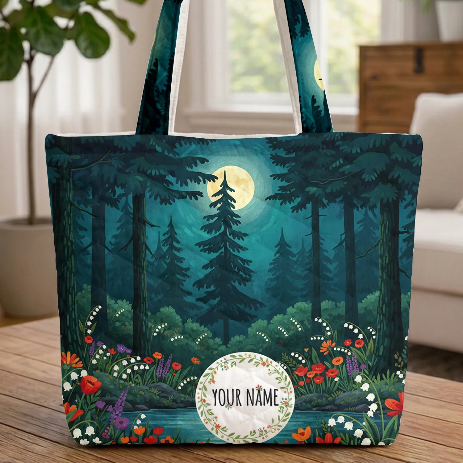 Moonlit Forest Wildflowers Floral Wreath Personalized Name - Everyday Carry Gift Quilted Tote Bag - 1