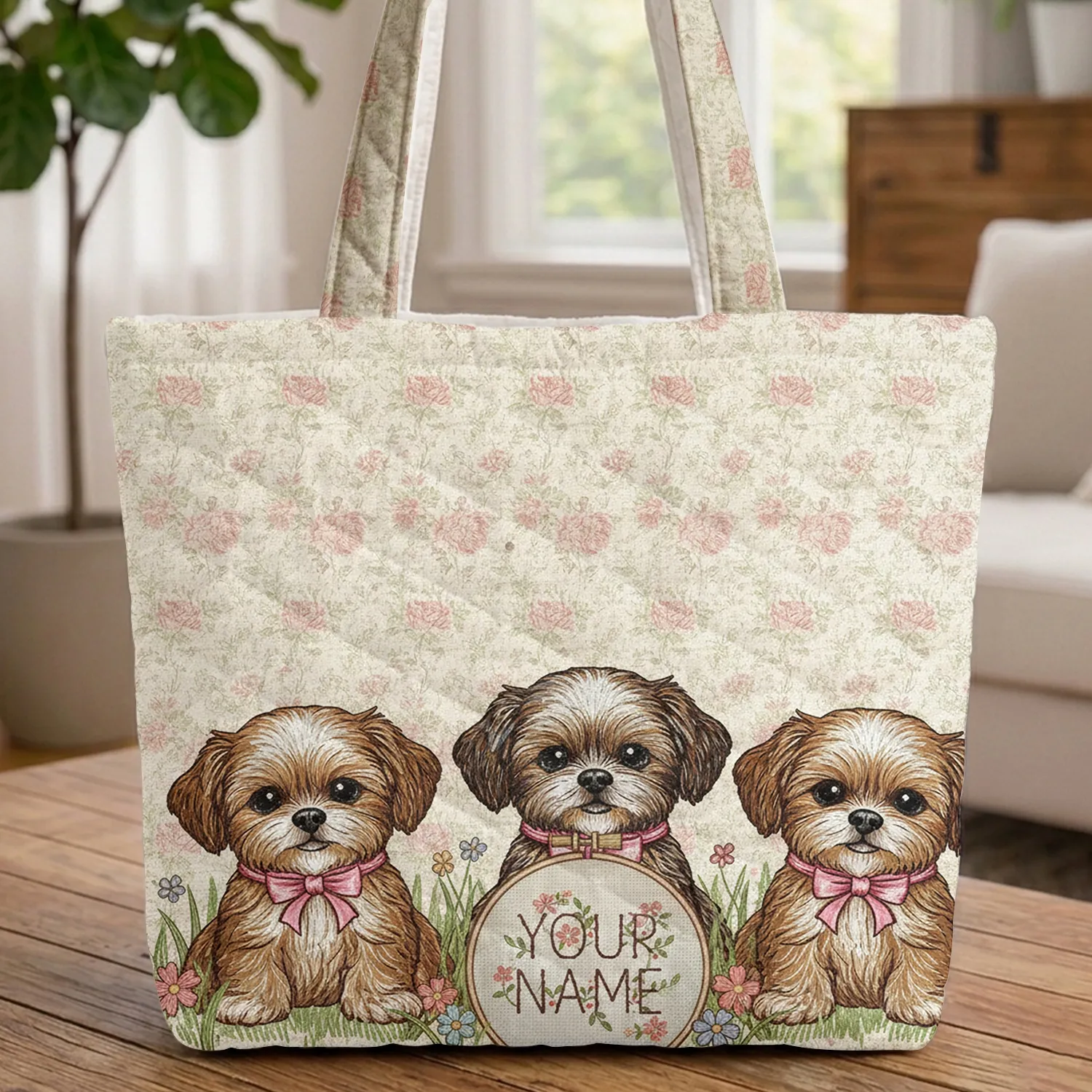 Shih Tzu Puppies Roses Leaves Hoop Flowers - Personalized Dog Lover Everyday Gift Quilted Tote Bag - 1