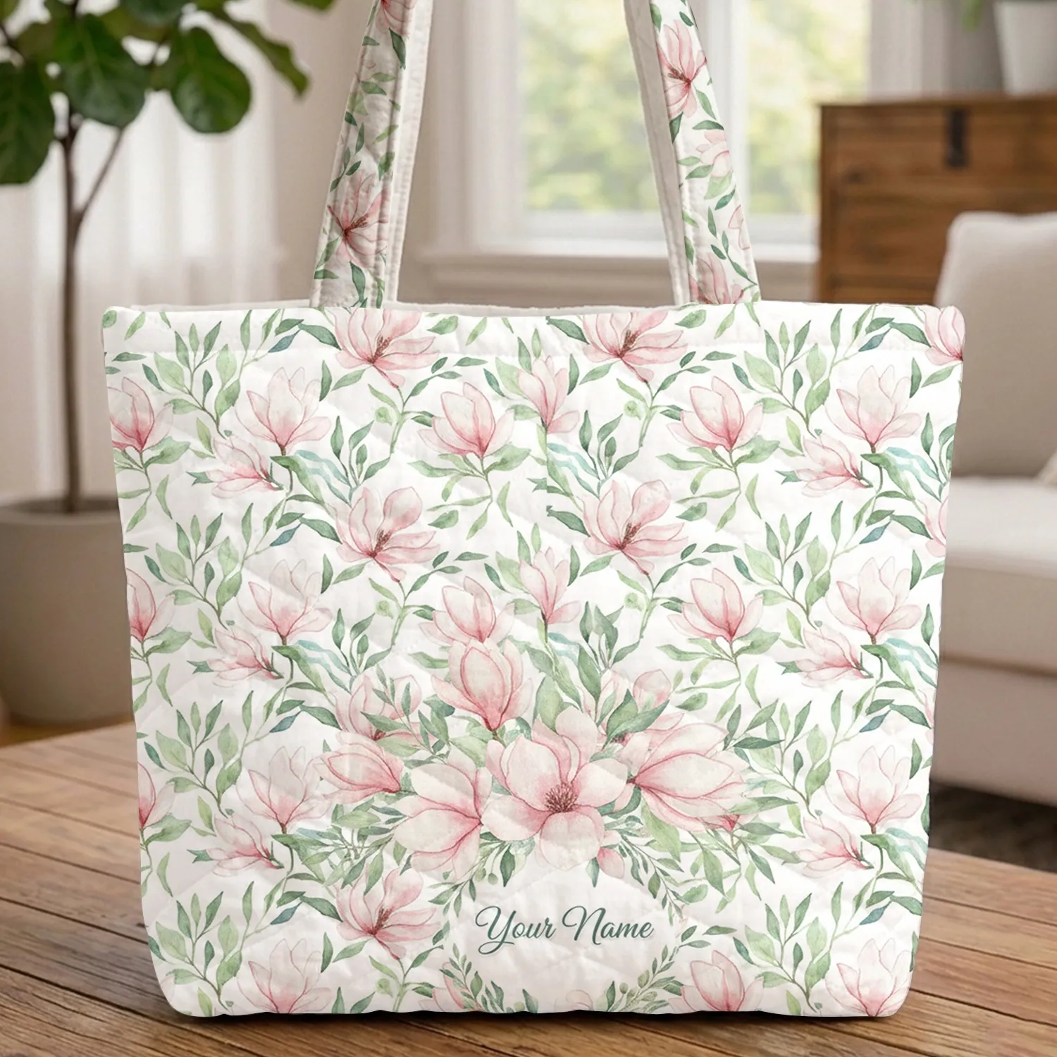 Pink Cream Magnolia Foliage Wreath Calligraphy - Everyday Carry Gift Quilted Tote Bag - 1