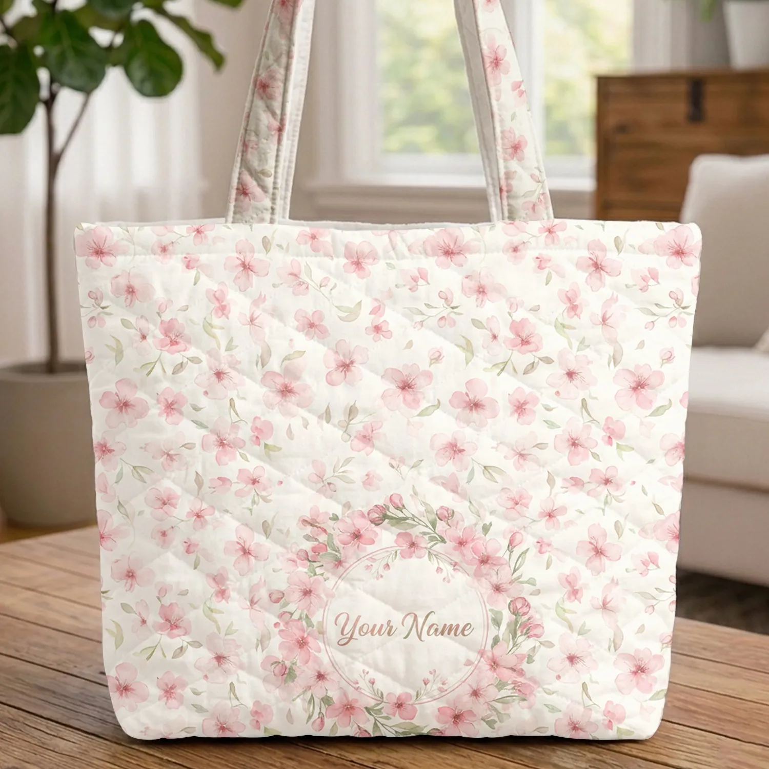 Pink Cherry Blossom Floral Wreath Personalized - Everyday Carry Gift Quilted Tote Bag - 1