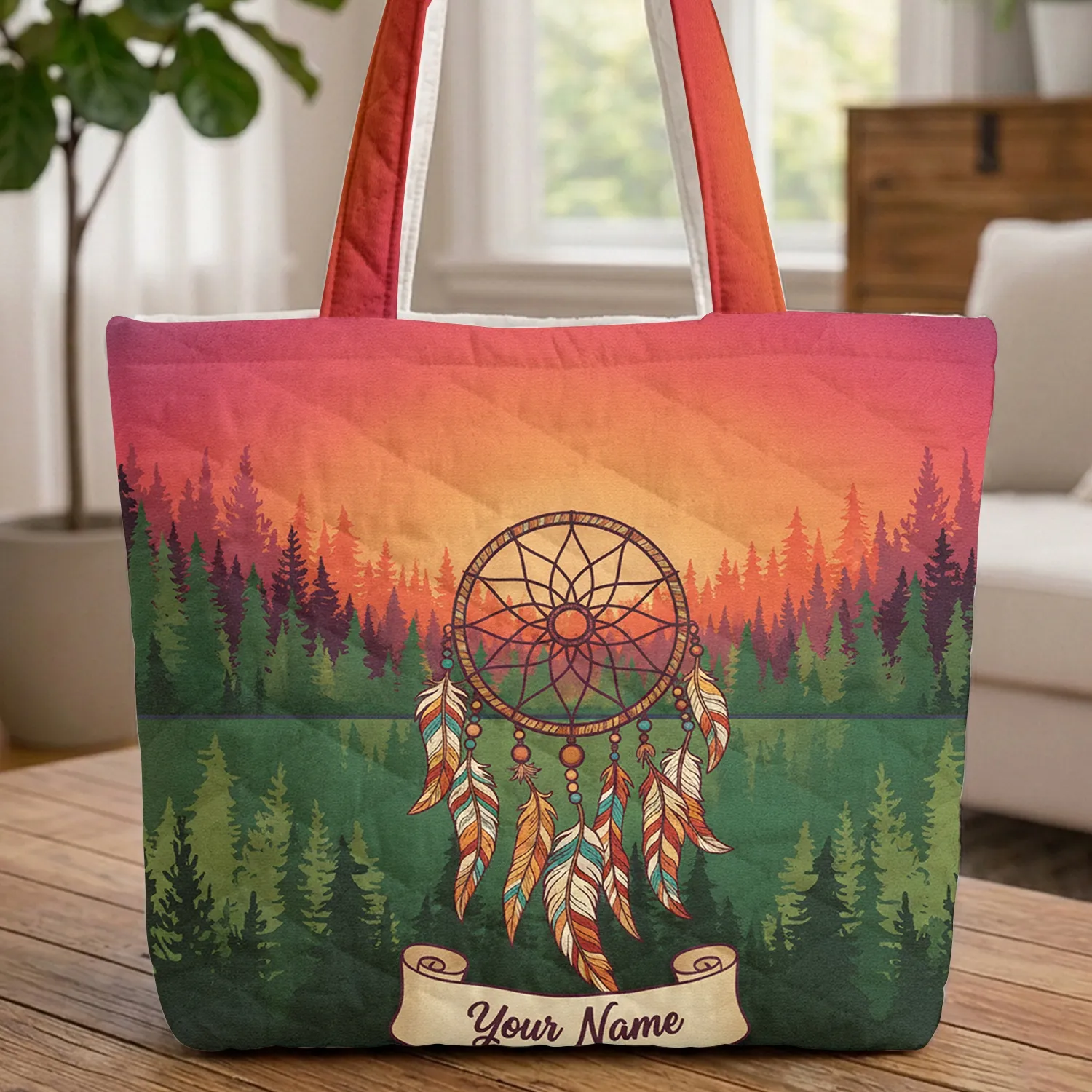 Ornate Dreamcatcher Flowing Feathers Sunset Gradient Pine Forest Landscape - Everyday Carry Gift Quilted Tote Bag - 1