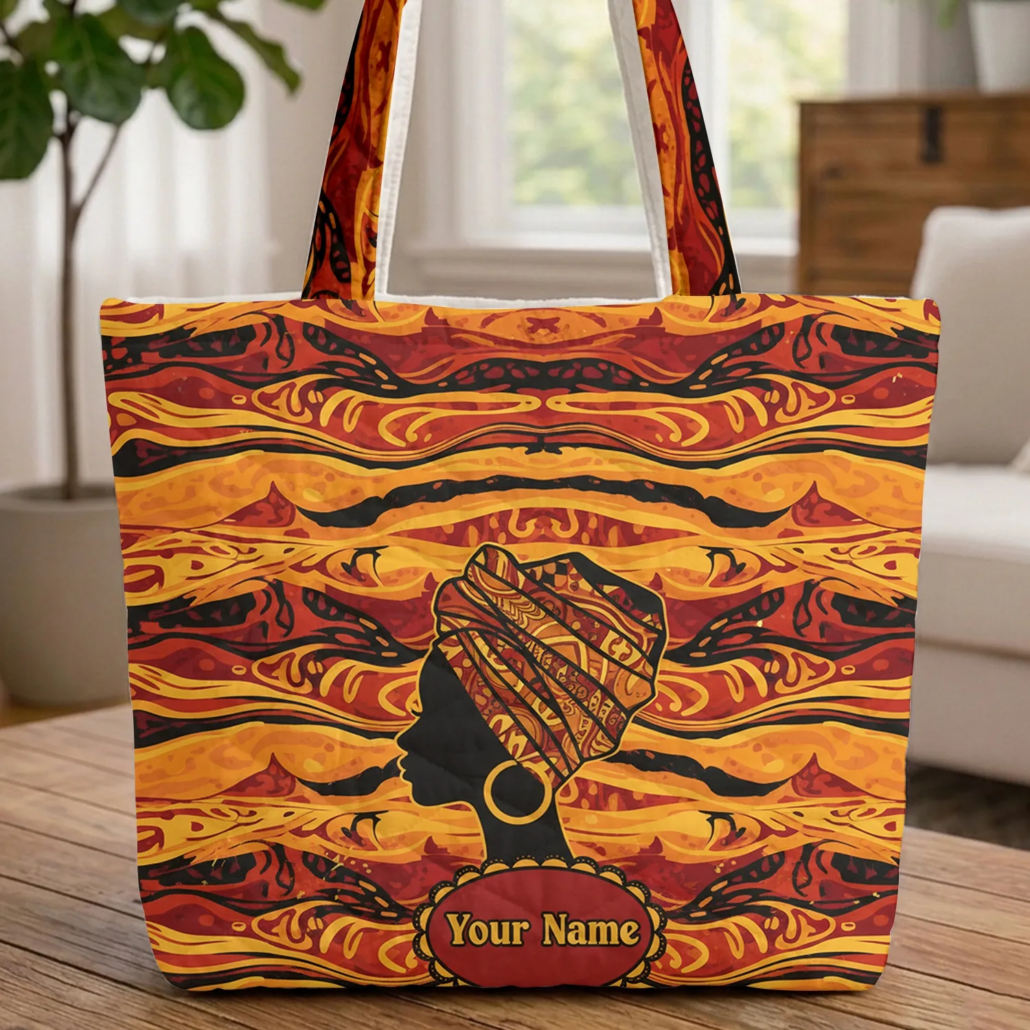 African Woman Profile Headwrap Hoop Earring Everyday Carry Gift for Women Quilted Tote Bag - 1