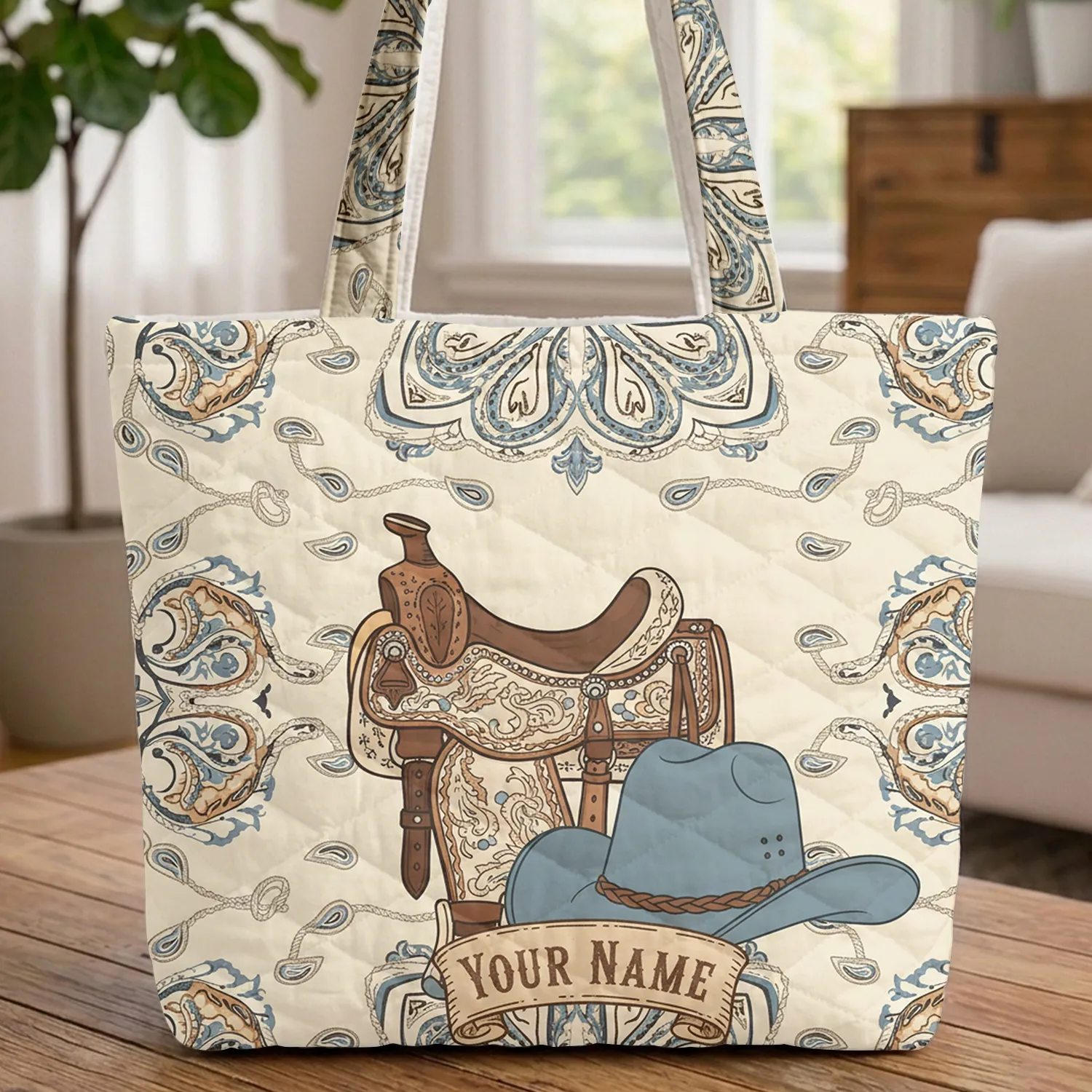 Western Saddle Cowboy Hat Personalized Name Paisley - Cowboy Lifestyle Everyday Gift Quilted Tote Bag - 1