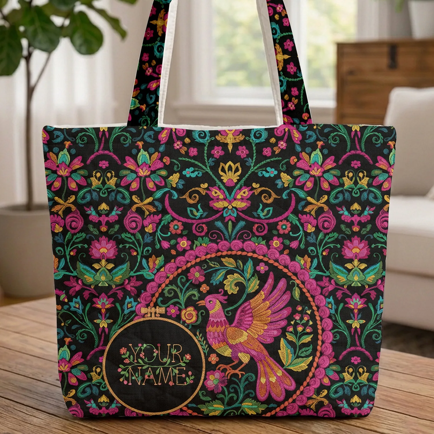 Bird Floral Medallion Name Hoop Floral Sprigs - Everyday Carry Gift Quilted Tote Bag - 1