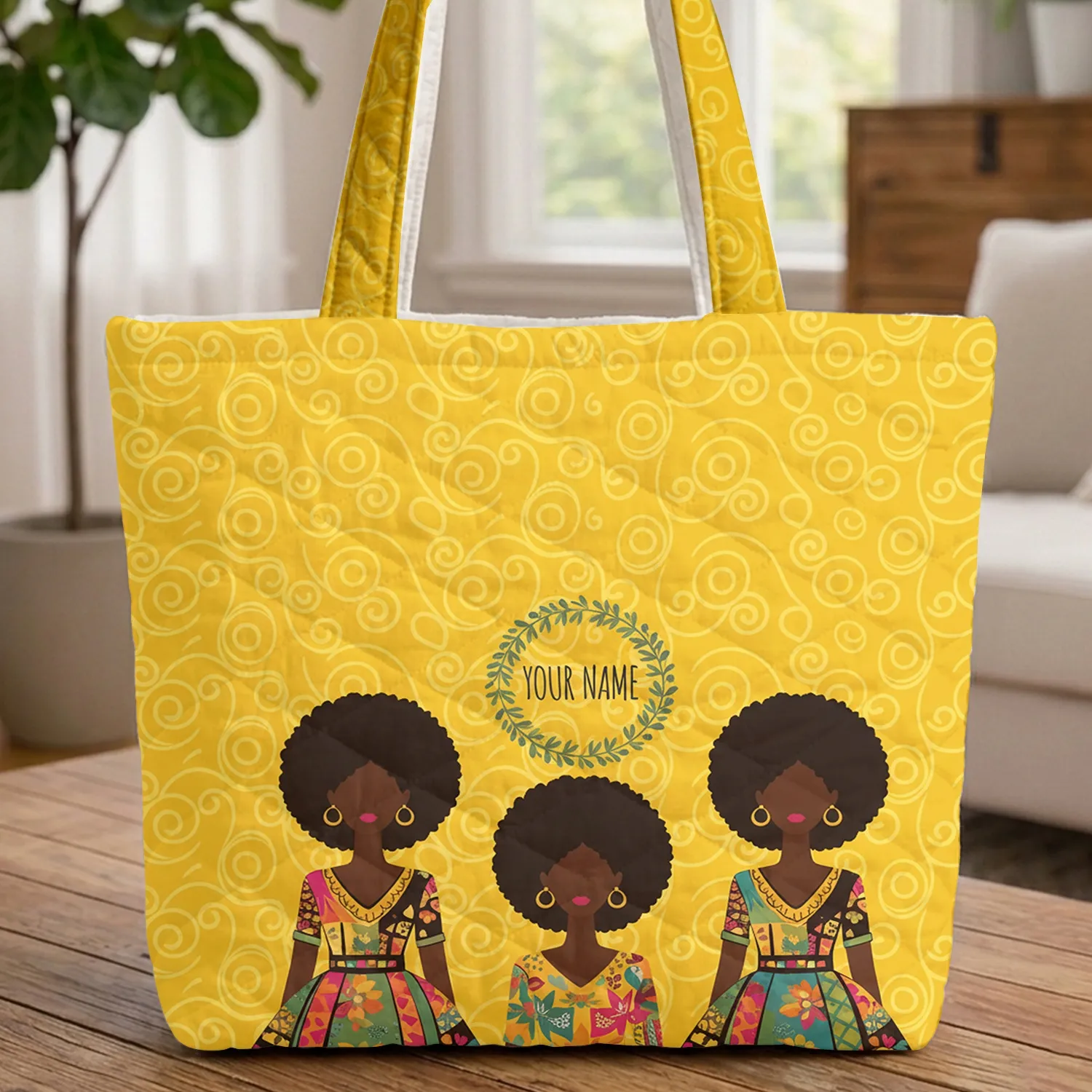Afro Women Folk Art Floral Wreath Personal Name - Everyday Carry Gift for Women Quilted Tote Bag - 1