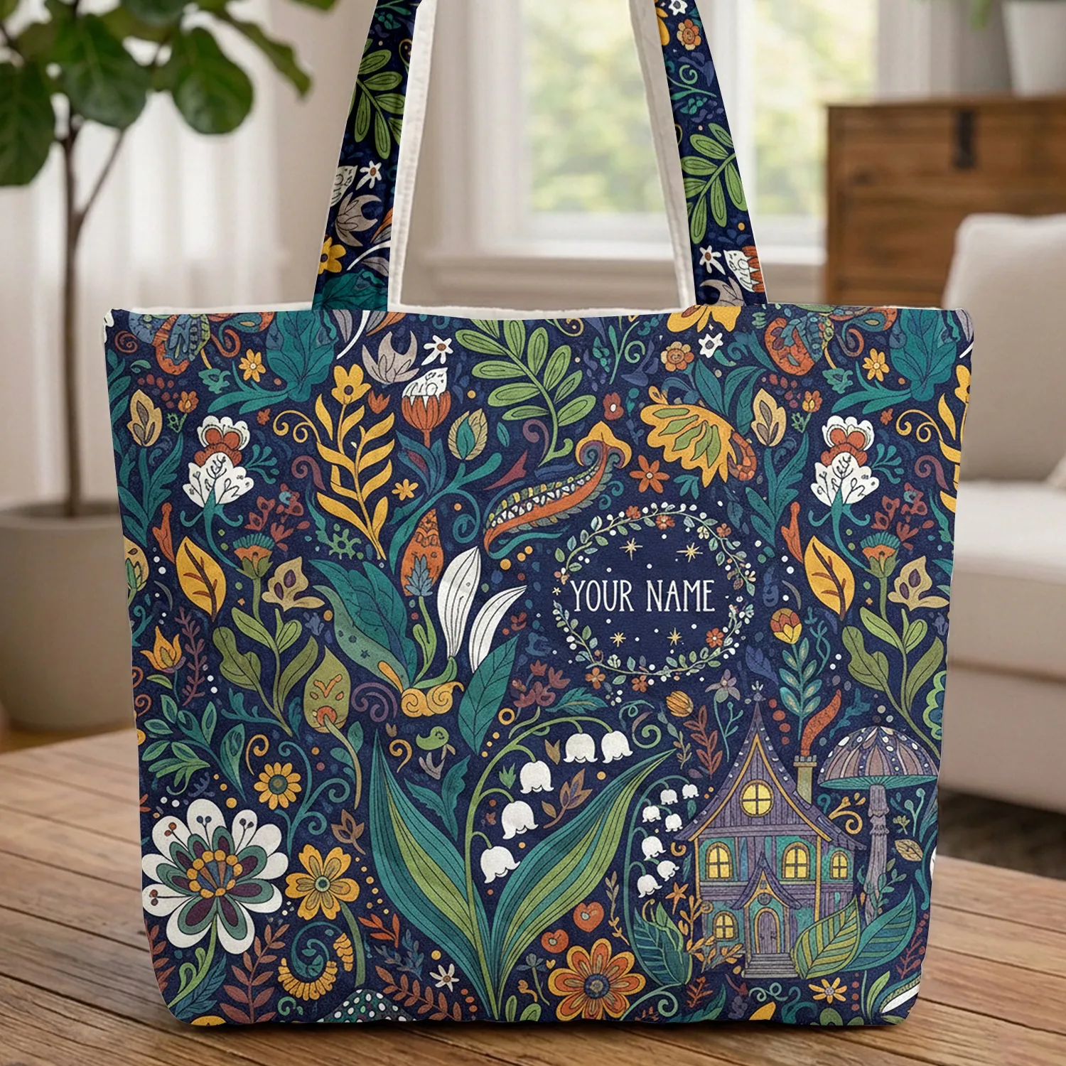 Personalized Floral Wreath Name Moonlit Lily of the Valley House Scene - Everyday Carry Gift Quilted Tote Bag - 1